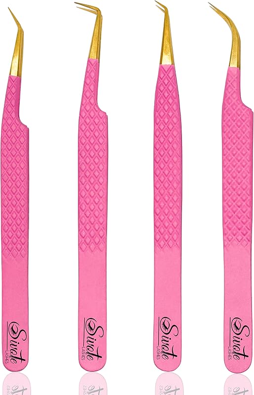 Kit com 4 pinças para cílios SIVOTE, rosa, aço japonês e pegada diamantada