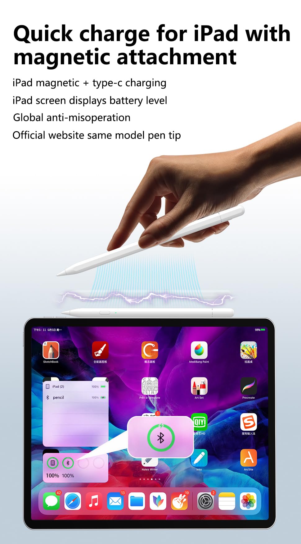 2th Gen Stylus Pen for iPad, Apple Pencil with Palm Rejection