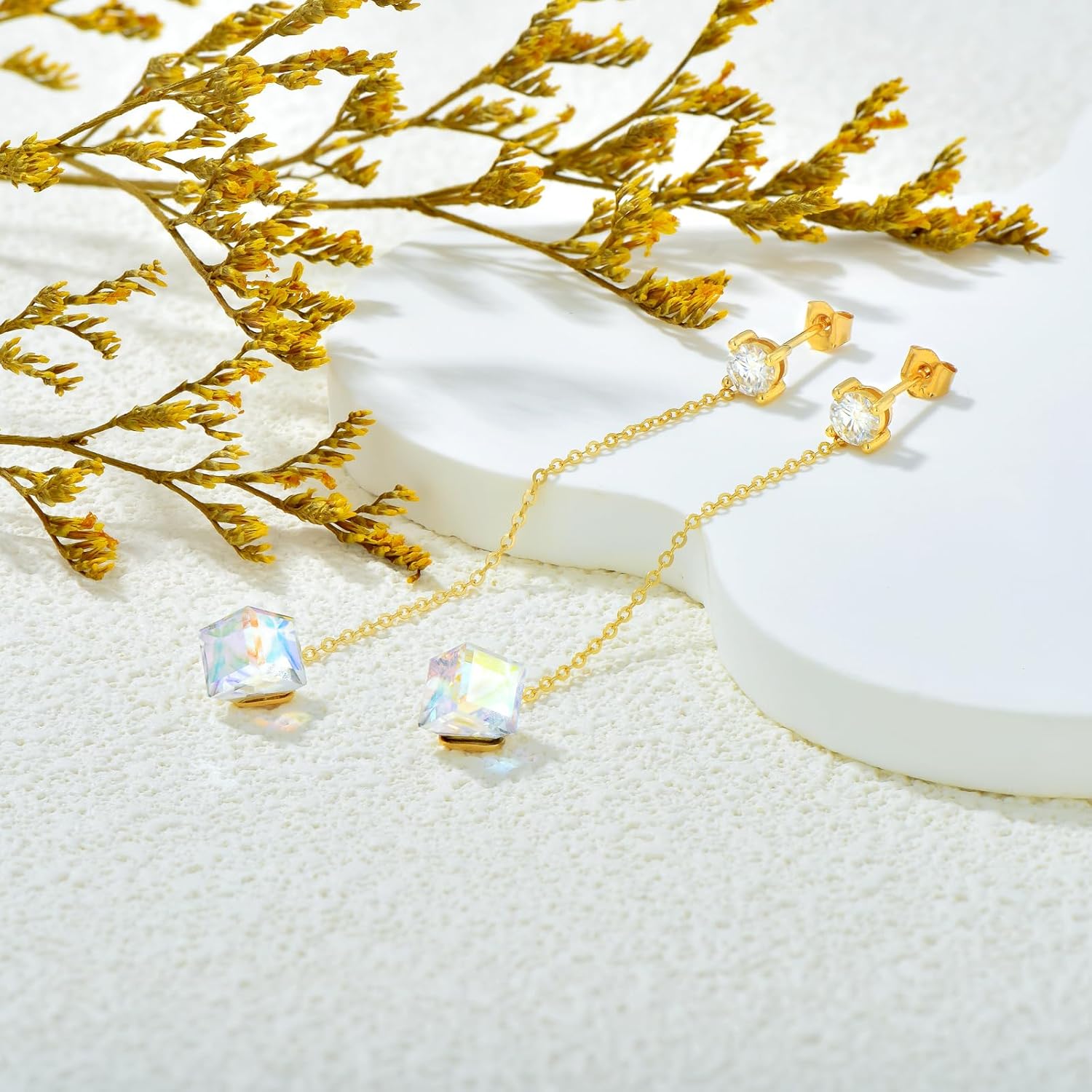 14K Solid Gold Threader Earrings Dainty Crystal Dangle Earrings Real Gold Square Crystal and Moissanite Long Chain Earrings Anniversary Birthday Christmas Jewelry Gifts for Women - Image 3