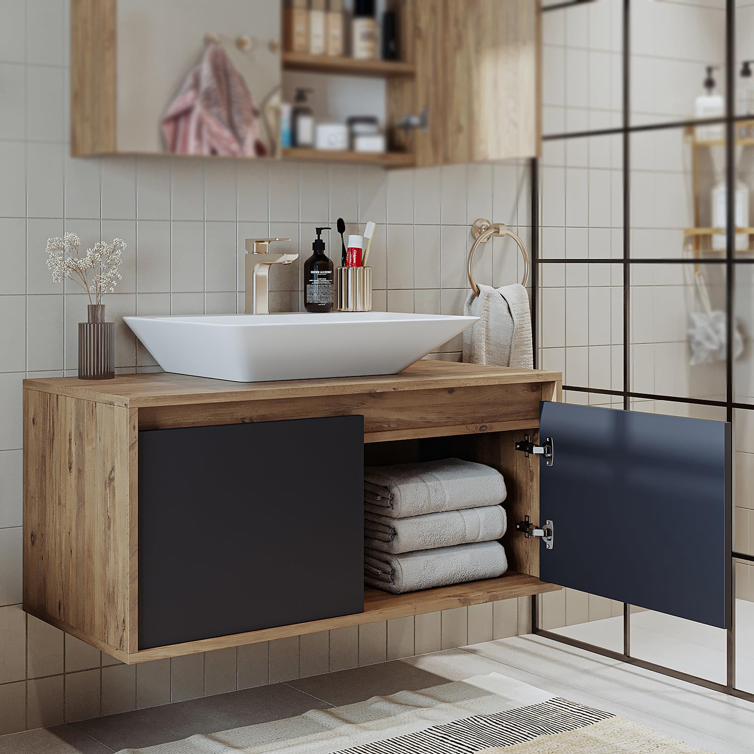 ROOMART • Badezimmermöbel Set • Atlantic • 4 Teilig Badezimmerschrank • 100 cm Unterschrank mit Keramikwaschbecken • Spiegelschrank • Hochscrank (Anthrazit Eiche, Waschbecken mit Unterschrank)