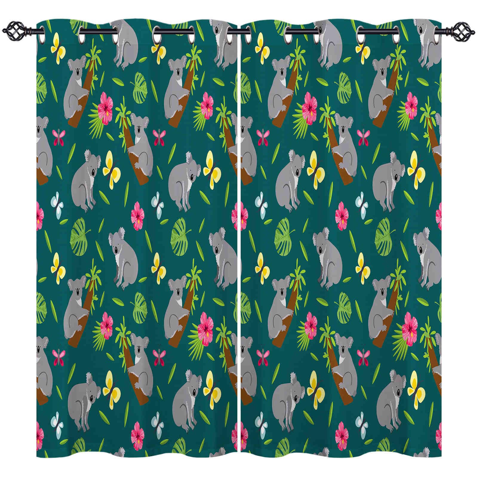 ANHOPE Koala Curtains Eyelet Thermal Insulated Blackout Curtains Jungle Wildlife Animal Koala Bear Leaf Flower Print Pattern Ring Top Drapes for Kids Bedroom Living Room 55 x 69 Inch Drop 2 Panels
