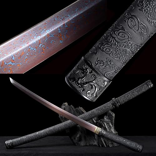 HERO SWORD Espada Wakizashi de dragón negro de acero de Damasco, katana real, afilada, hoja de espiga completa, espada samurái, longitud media,