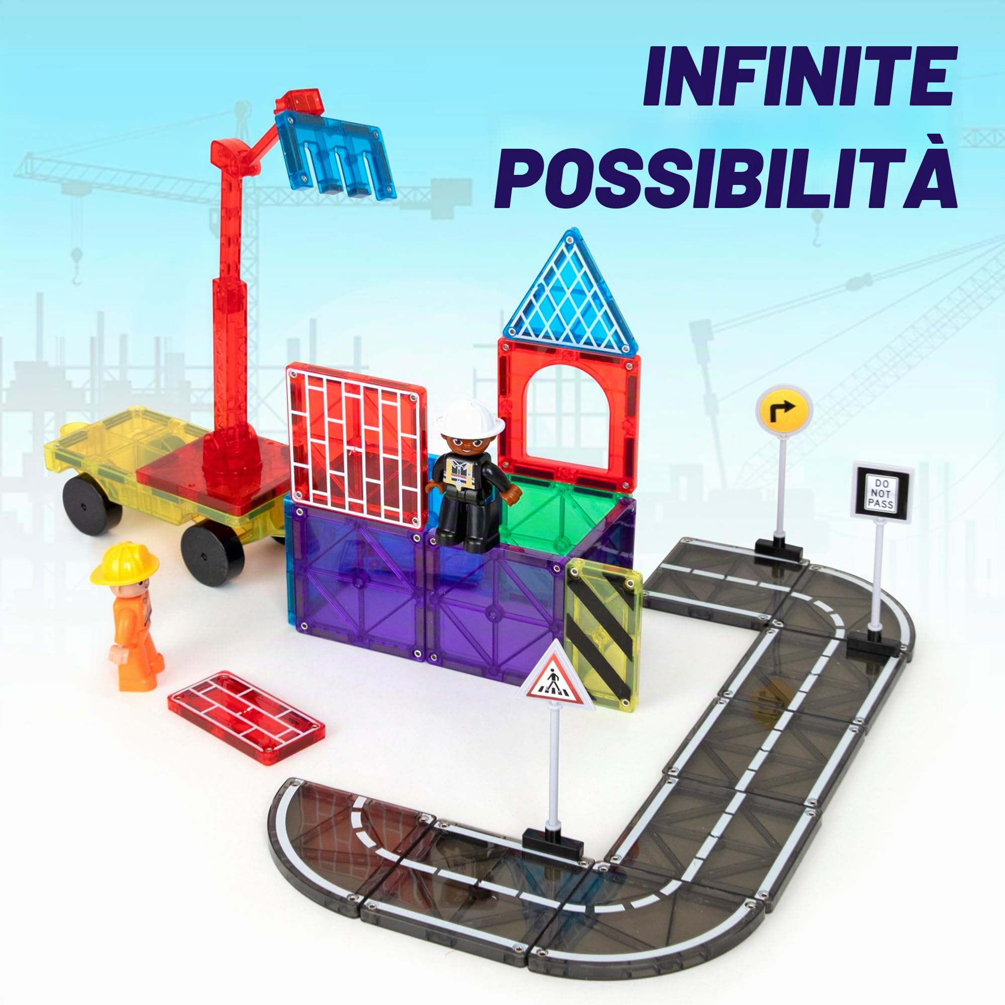 Playmags Set Di 52 Tessere Magnetiche Per La Costruzione Di Città, Blocchi Da Costruzione Con Gru E Pezzi Di Strada, Giocattoli Educativi STEM Per Bambini E Bambine Dai 3 Anni In Su.
