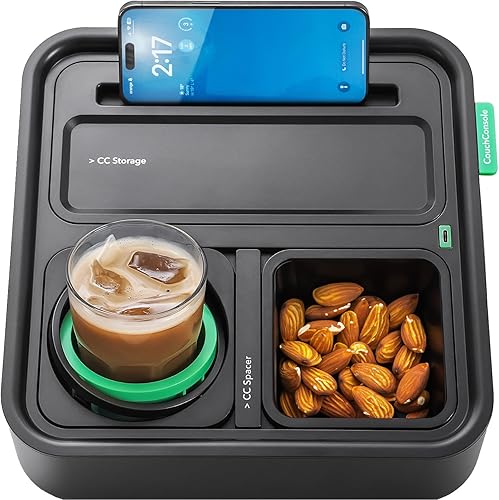 CouchConsole Bandeja original  Almacenamiento y organizador para sofá de bebidas y aperitivos con reposabrazos, mesa con soporte para teléfono,