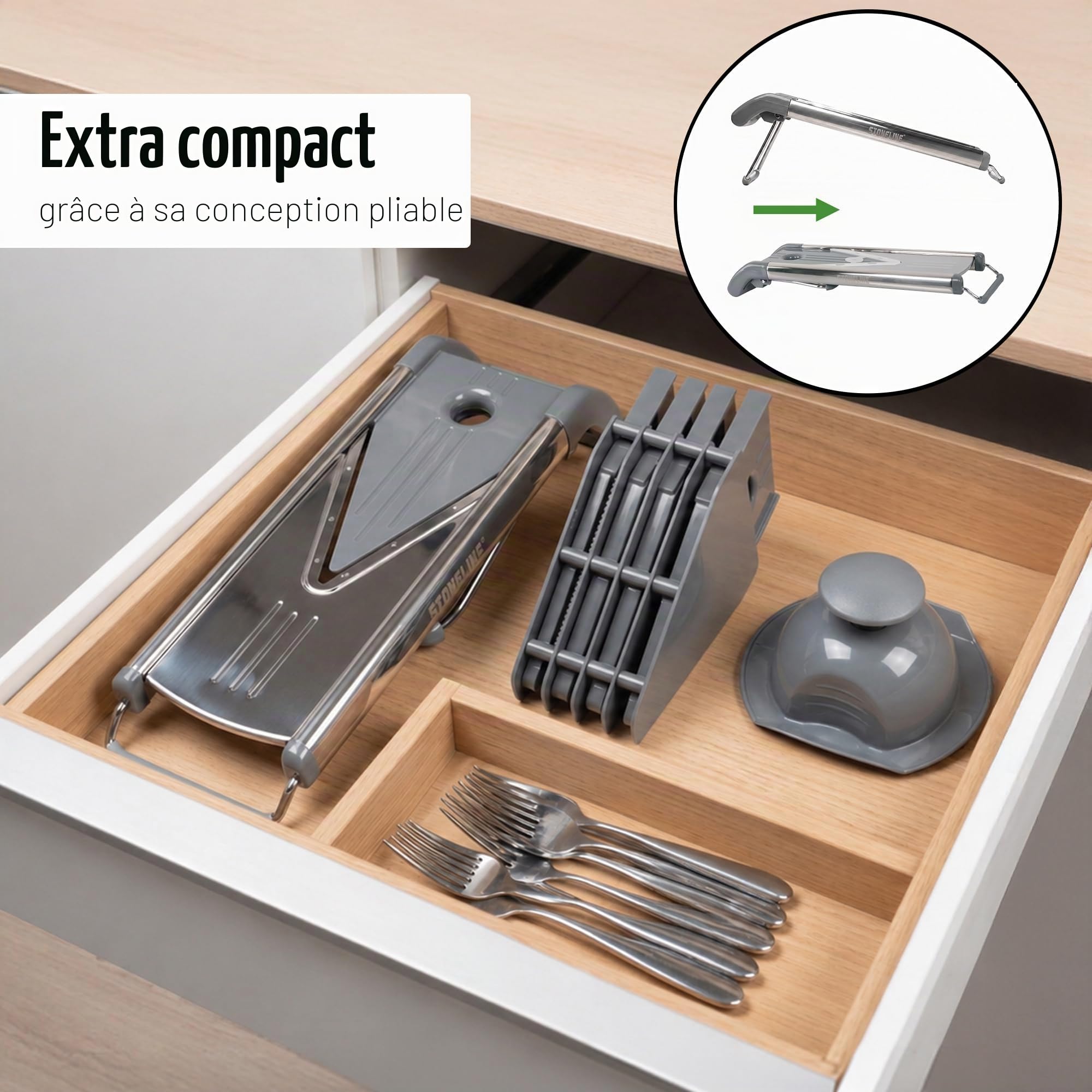 STONELINE Râpe en V, Mandoline à Légumes, polyvalente, pour pour Frites, Coupe-Légumes, avec 5 embouts, Set de 9 Pièces, en Acier Inoxydable