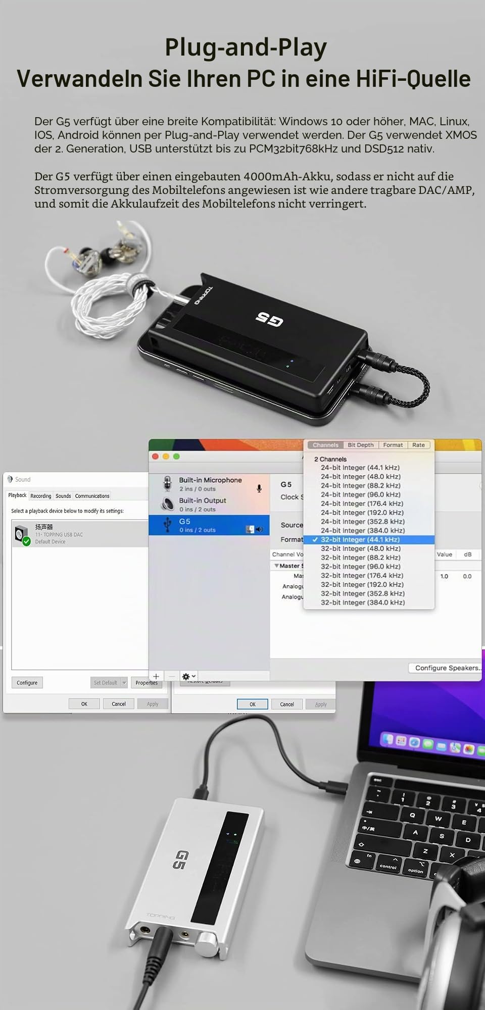 Topping G5 Tragbarer NFCA-Kopfhörerverstärker DAC - USB-Typ C/Bluetooth/AUX-Eingang, 6,35-mm-Line-Ausgang 3,5-mm/4,4-mm-Kopfhörerausgang LDAC Hi-Res Audio (Schwarz)