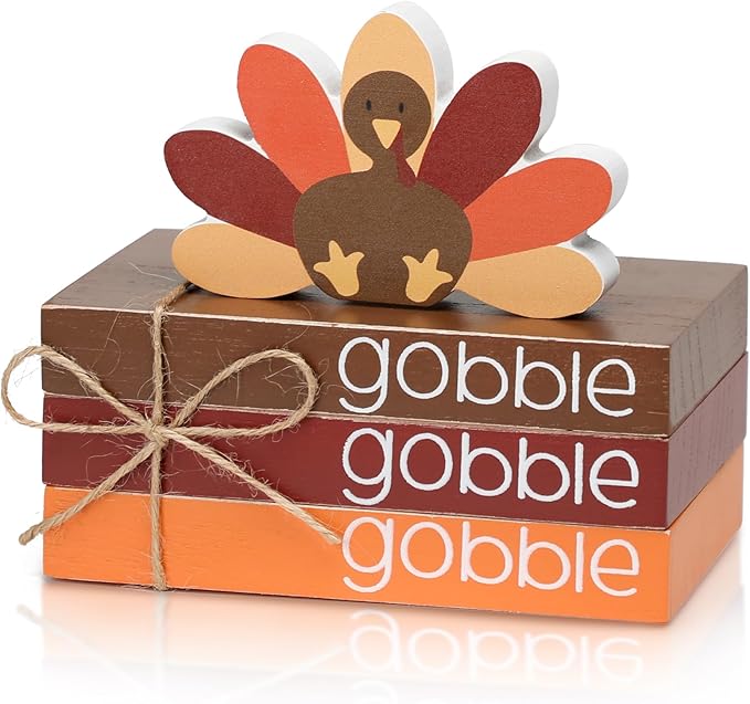 Amazon.com: 4PCS Thanksgiving Mini Wood Book Stack with Turkey - Fall ...