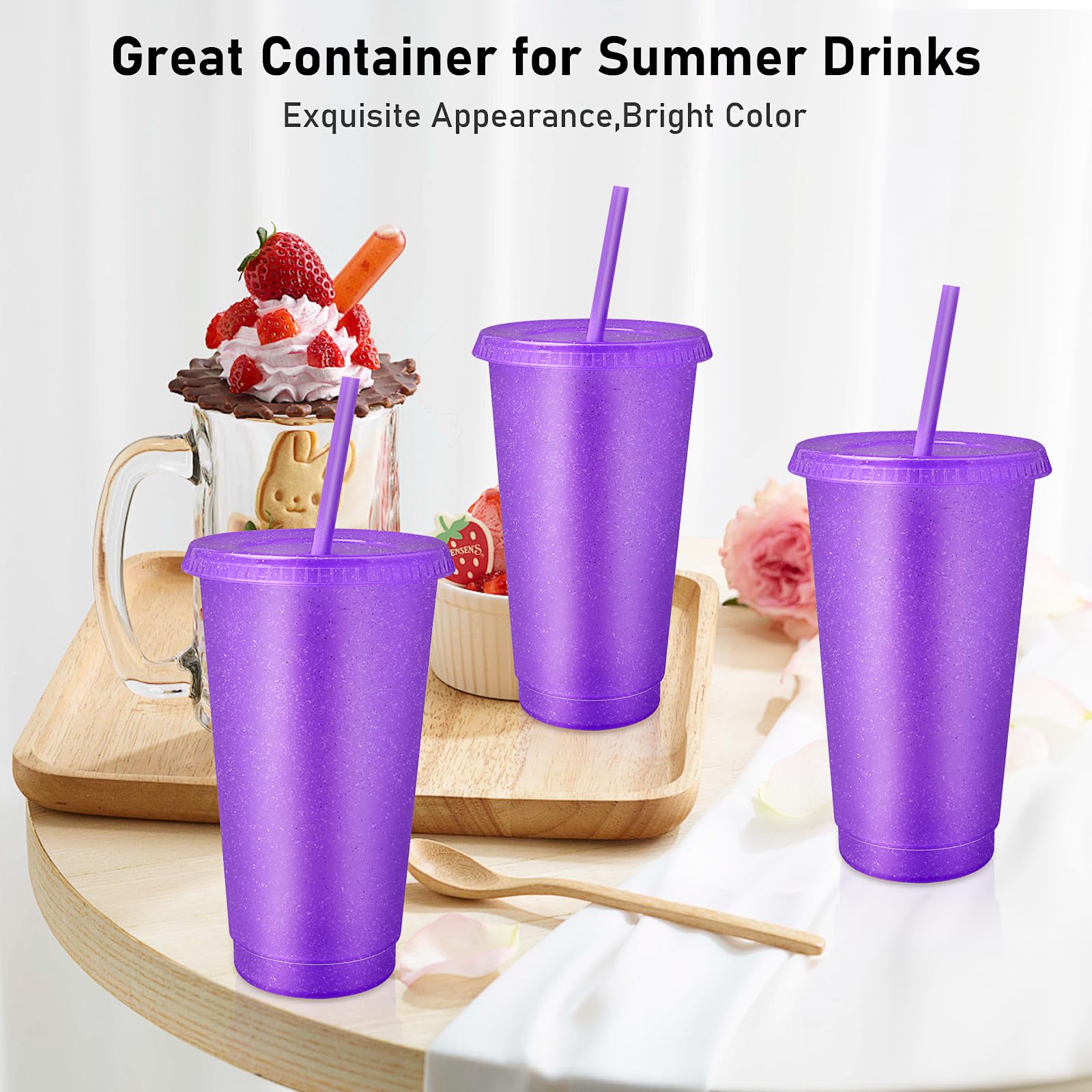 Lot de 24 gobelets réutilisables avec couvercles et pailles, gobelets de voyage en plastique pailleté pour smoothie, jus de fruits, anniversaire, soirée pyjama, fête (violet)