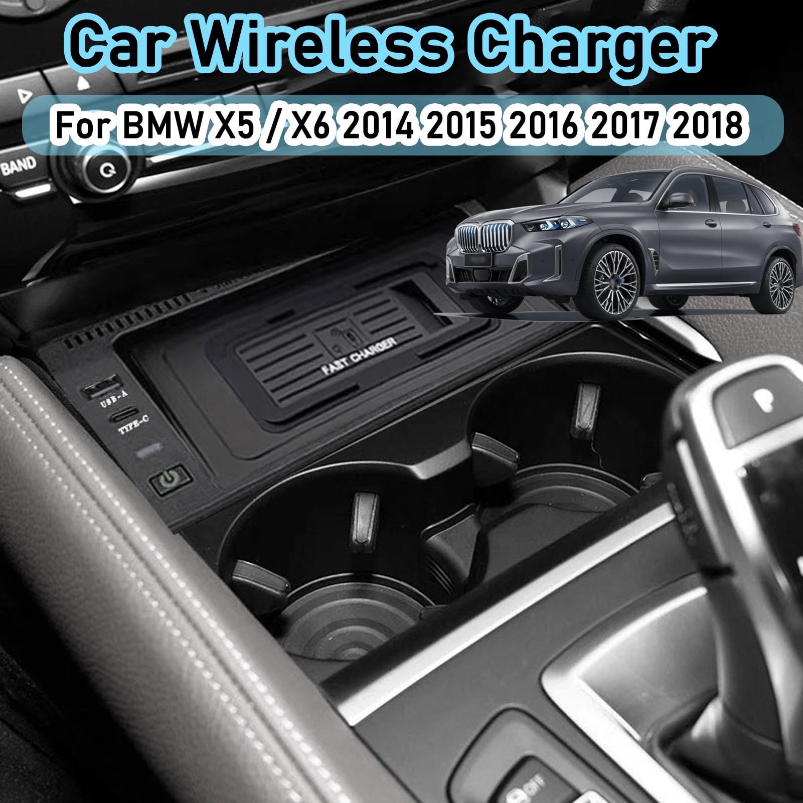 Caricabatterie Wireless per Auto per X5/X6 Tutti i Modelli Accessorio con 15 W Wireless e 27 W USB Qc3.0 Ricarica Rapida Regalo per la Famiglia