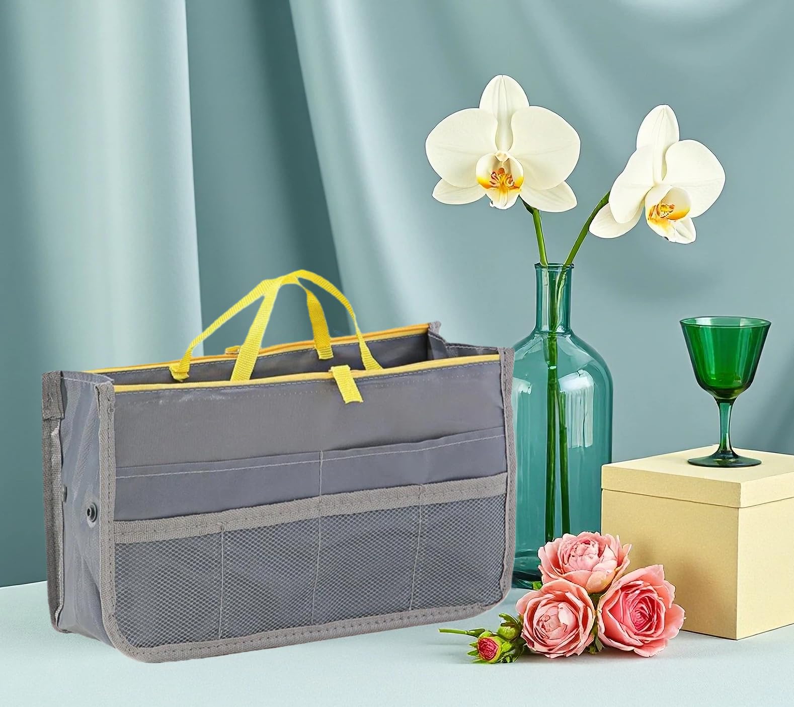 Purse Organizer Insert for Handbags,Tote Shaper,13 Pockets,Felt Bag Organizer with Metal Zipper,for Speedy Neverfull Tote (Grey)