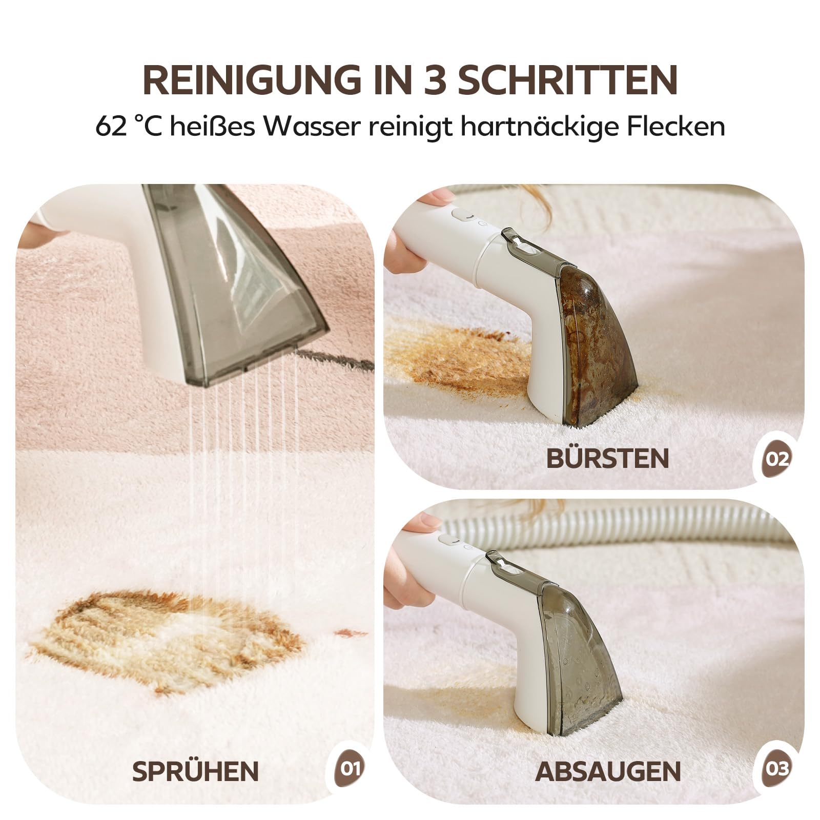 Bear Polsterreiniger Gerät, Nasssauger Polsterreiniger mit Dampffunktion, 1700W Waschsauger Polsterreiniger, Teppichreiniger Waschsauger mit Heißwasser, Dampf und Kaltwasser für Sofa, Teppich