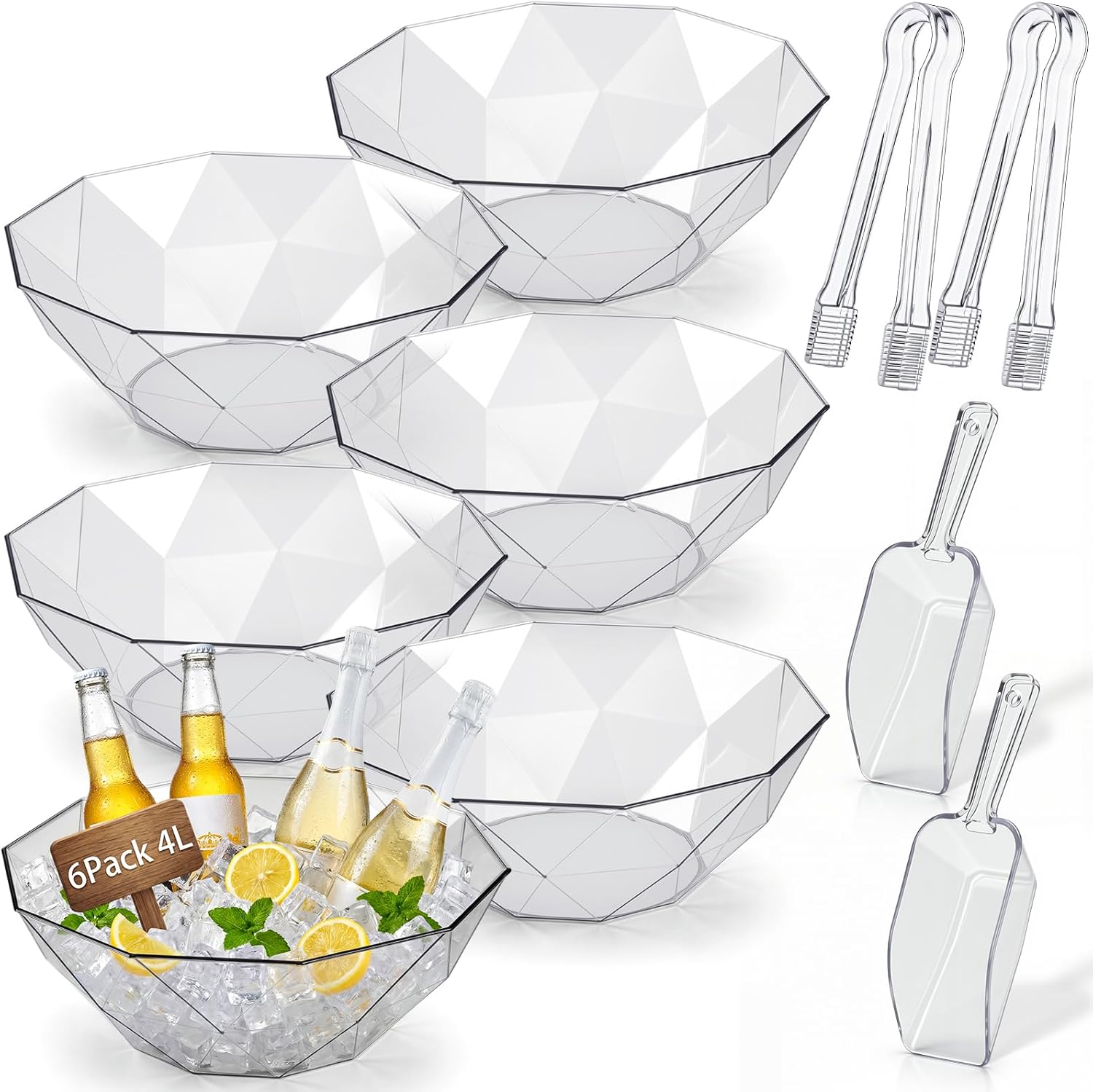 LemonRoad 6 Pcs 4l Clear Plastic Ice Buckets for Parties Beverage Tubs for Cocktail Acrylic Wine Champagne Buckets with 2 Scoops 2 Clamp Drink Cooler Bucket for Parties, Mimosa Bar Supplies, Beer