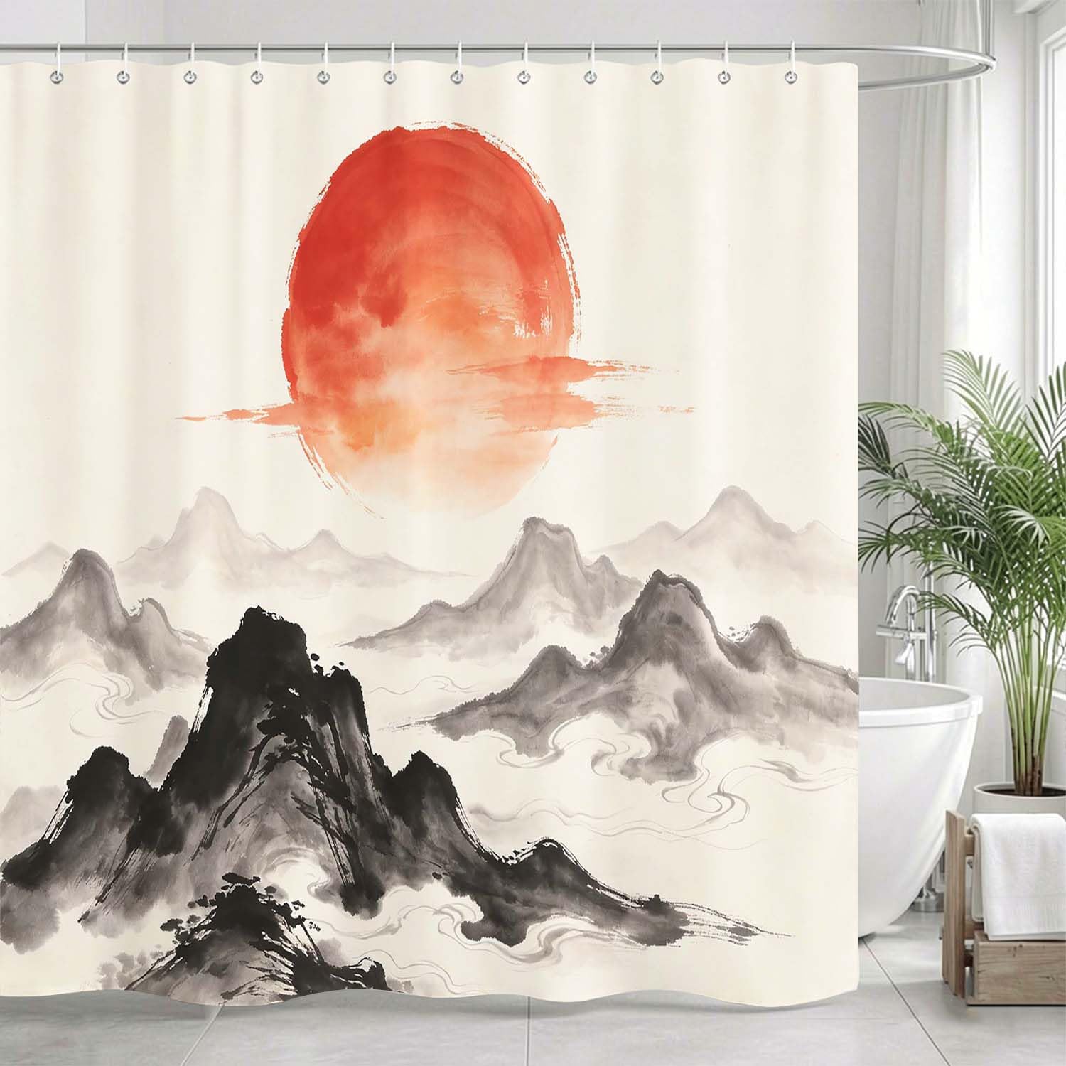 Rideau de Douche Anti Moisissure Montagne, Rideau de Bain Peinture à L'encre de Chine 3D Rideaux de Douche en Polyester, Imperméable, Lavable en Machine, avec Crochets, 300 x 200 cm 1529-YLP