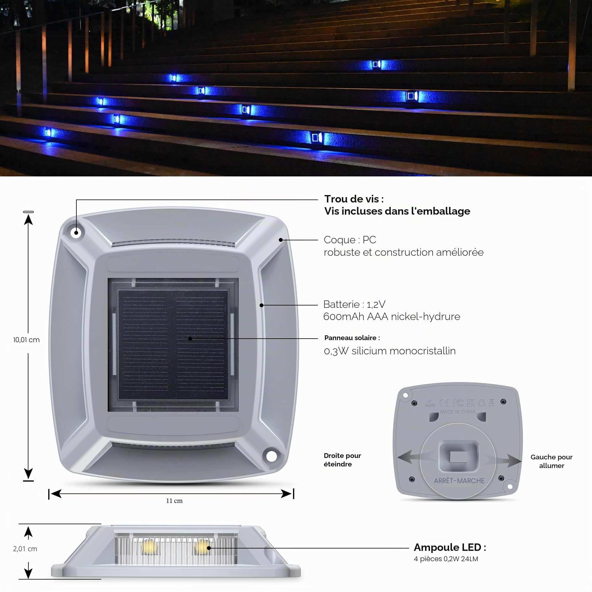 Spot Solaire Exterieur Puissant IP68 Étanche Éclairage Escalier Exterieur Bleu Balise Solaire Jardin 24LM 6 Pièces