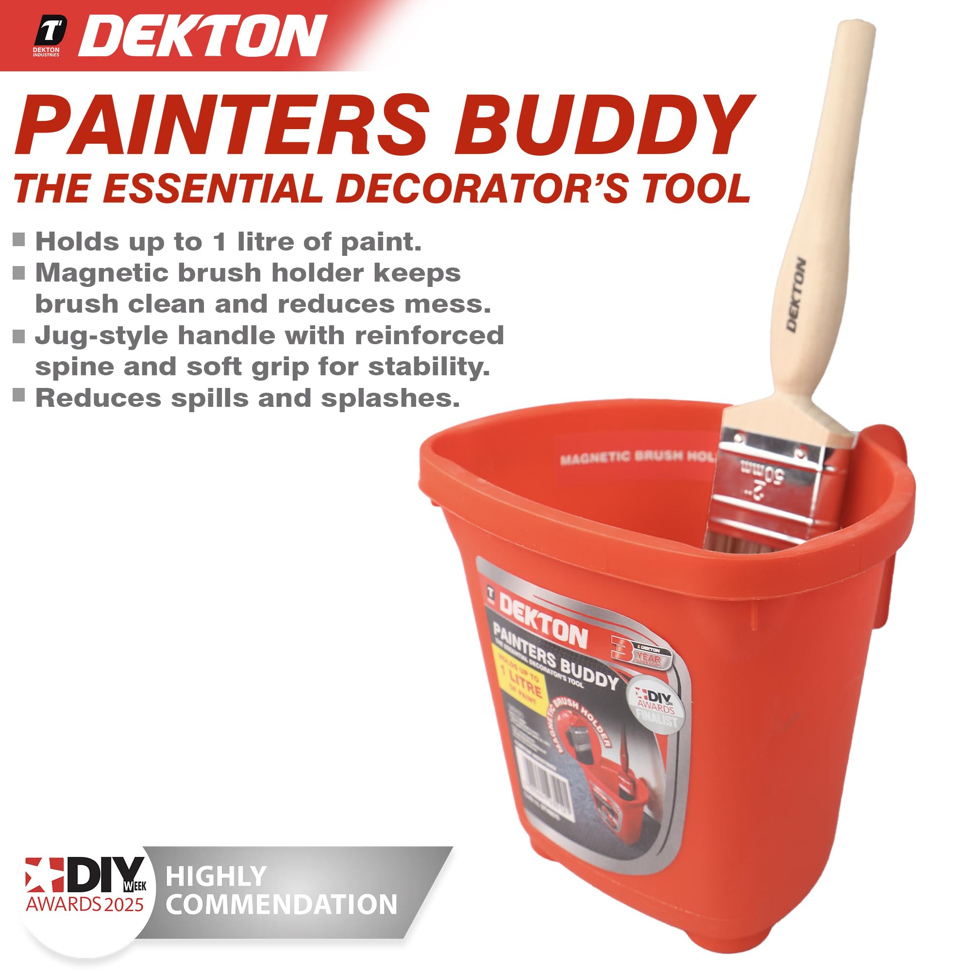 Dekton Painters Buddy – fasst bis zu 1 Liter Farbe, magnetischer Halter hält Pinsel frei von Farbe, Griff im Krug-Stil hat einen verstärkten Rücken mit weicher Außenseite für Stabilität, reduziert