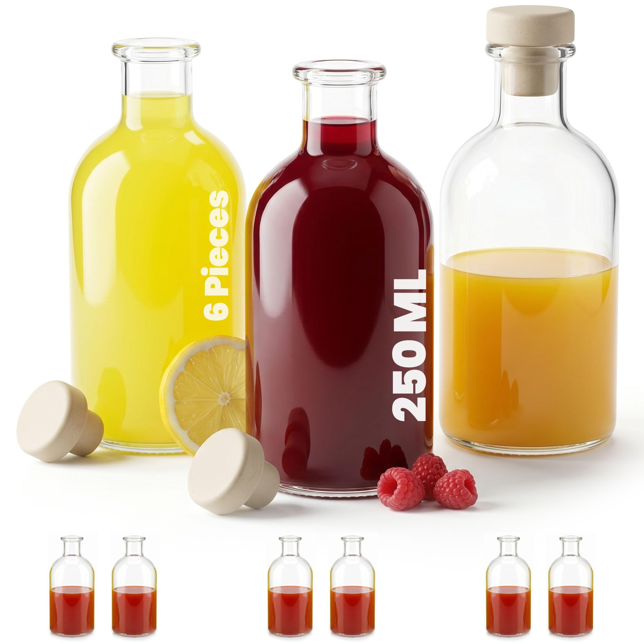 Casavetro Transparent/Clear 250Ml Glass Bottles With Cork Lids 6 Pcs Reusable Airtight Glass Bottle For Home Made Sloe Gin Liqueur Schnapps Wine Cider Soda Vodka Vinegar Oil Bottles - New-Bost (6 X 250 Ml)