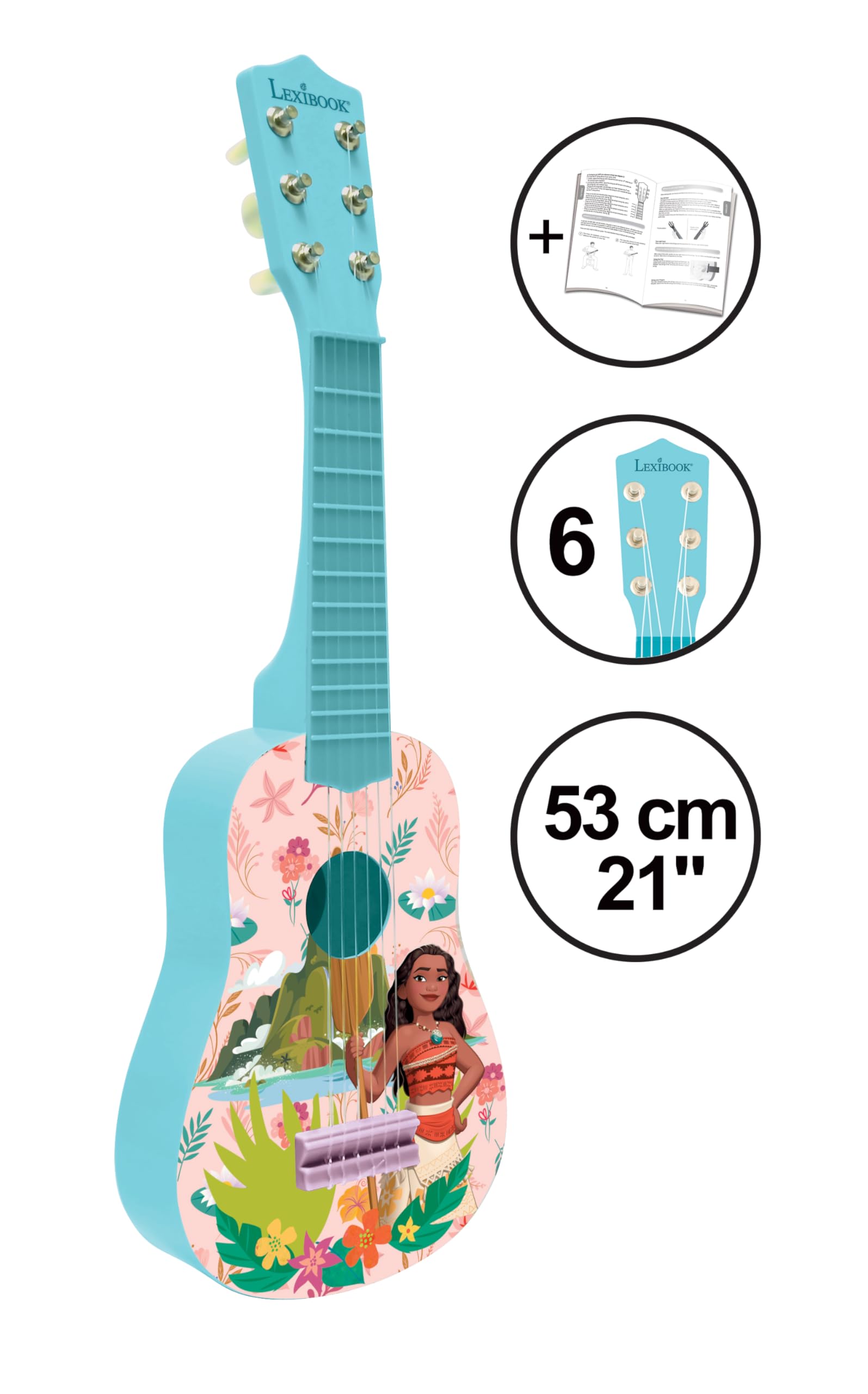 Lexibook, Disney Moana, My First Guitar for Children, 6 Nylon Strings, 53 cm / 21'', Guide Included, Pink/Blue, K200VN