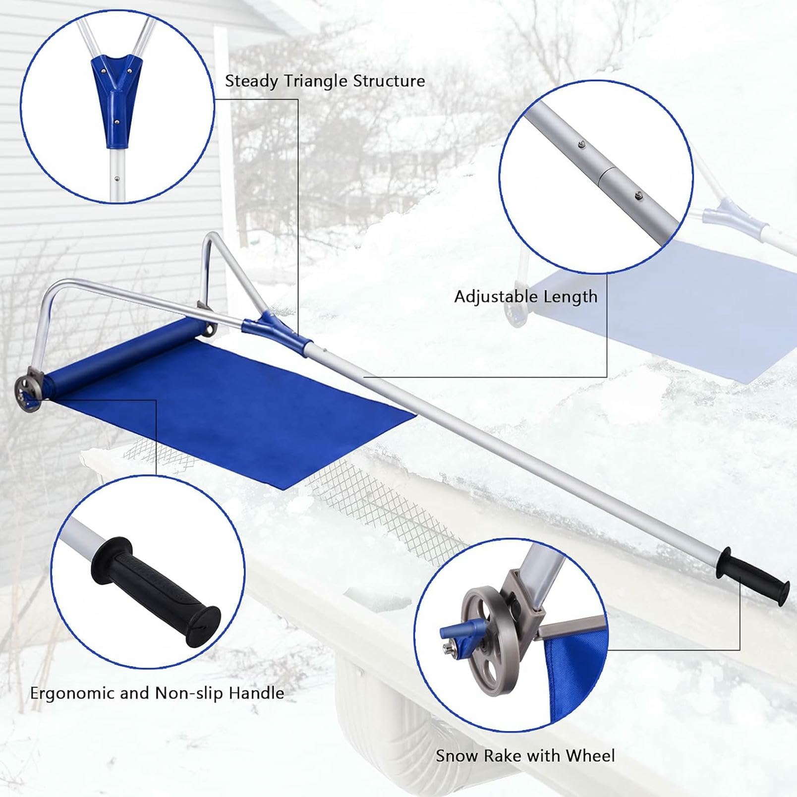 Rastrillo de techo para quitar nieve y escombros, herramienta de doble acción para nieve ligera y hojas de otoño, uso multitemporada