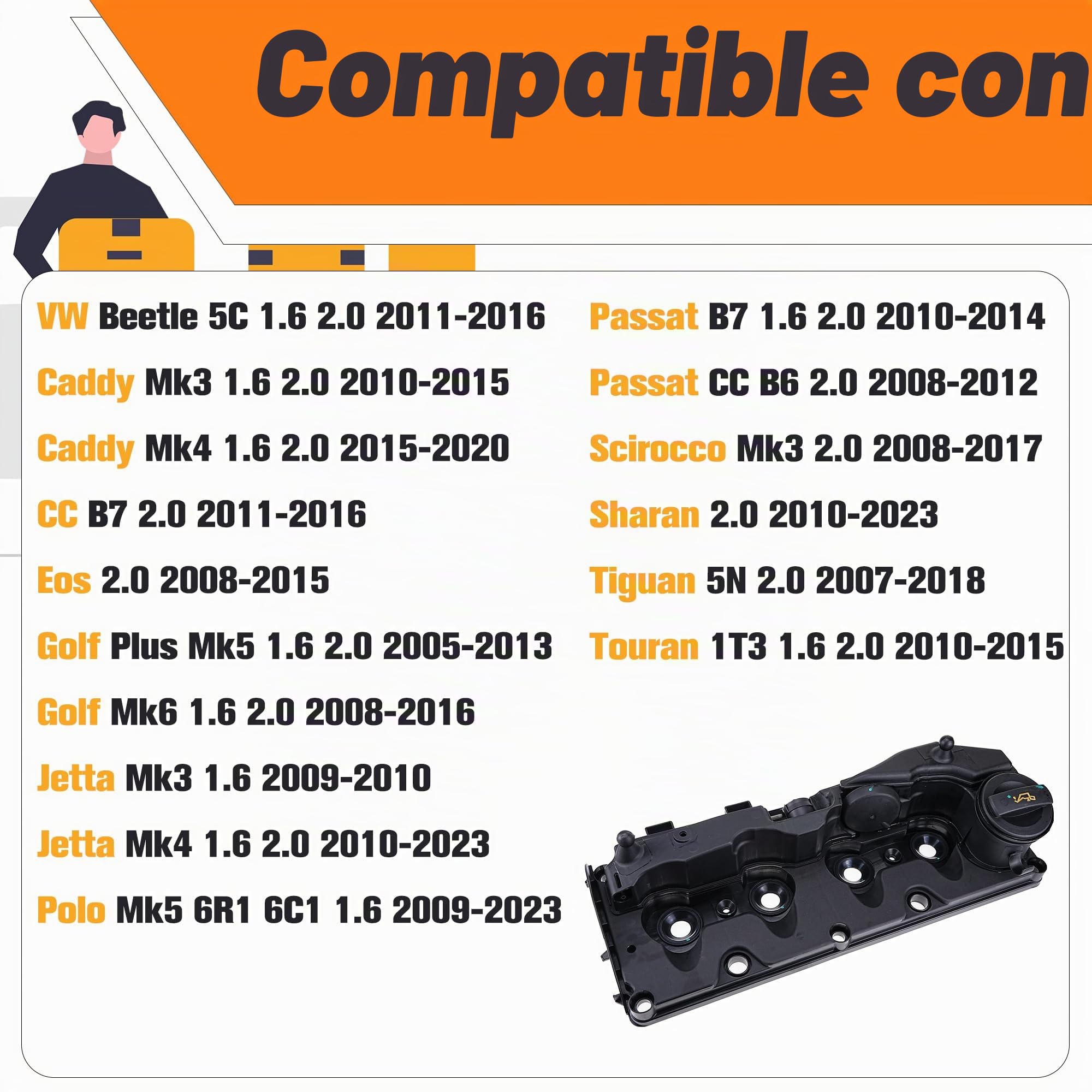 Tapa de balancines del motor con junta compatible con Audi A1 8X A3 8P Q3 8U Altea XL Ibiza 6J Leon 1P Octavia Superb Mk2 Golf Mk6 Polo 6R 6C 1.6 2.0 Reemplaza # 03L103469R, 03L103483C