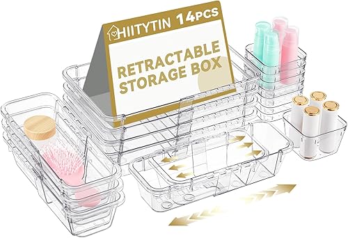 Miniatura 13 de 20 organizadores de cajones transparentes ajustables, cubos de almacenamiento extensibles, juego de organizador de cajones de escritorio para