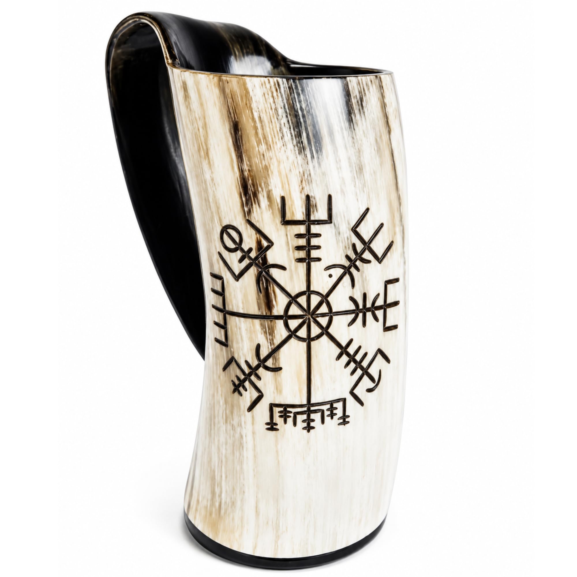 Classic Collection UK7 Ltd Original 100% Natural Handcrafted Horn Tankard – Viking Style Drinking Mug with Handle, Low Polished Animal Horn Cup for Ale, Beer, Mead & Decor. (Vegvisir, Multicolor)
