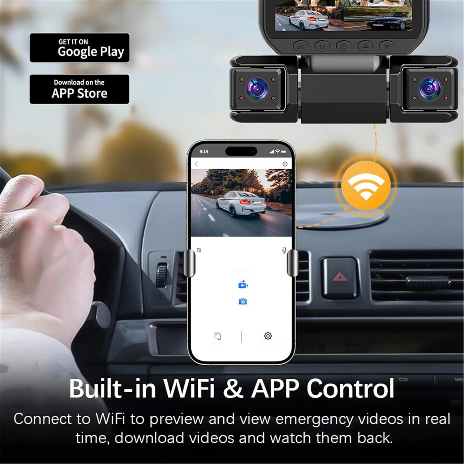 Grabadora de video DVR WiFi de 4 canales para coche de 360° con tarjeta de 32 GB, 1080P FHD vista de 360 grados, cámara frontal y trasera, control de aplicación, monitoreo de estacionamiento