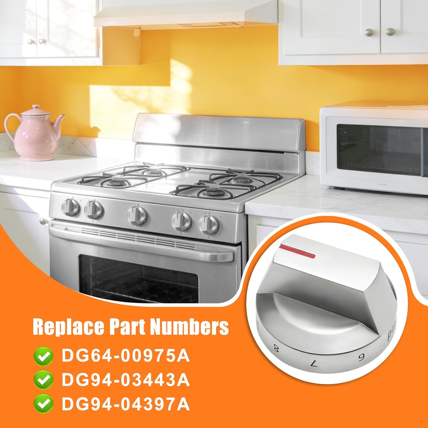 Upgraded DG64-00975A Stainless Steel Stove Knobs Replacement for Samsung Gas Range NE/NX9000T NX60T8511SS/AA, Durable&Heat-Resistant, Perfect Fit for DG94-03443A DG94-04397A Oven Control Knobs (5PCS)