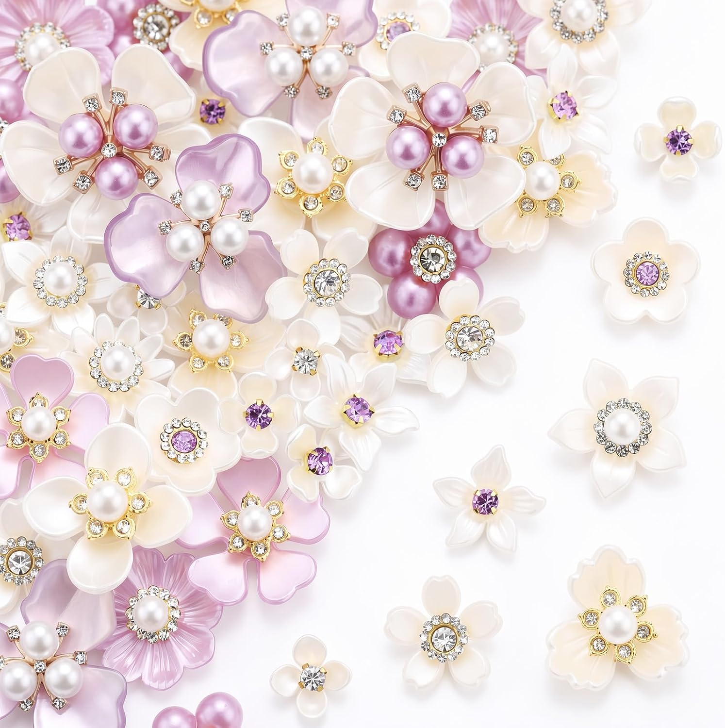 Janinka 140 Pcs Rhinestone Buttons Faux Pearl Buttons Flat Back Flower Embellishments for Jewelry Making DIY Craft Wedding Hair Bouquet Home Decoration Party Accessory (Floral,White)