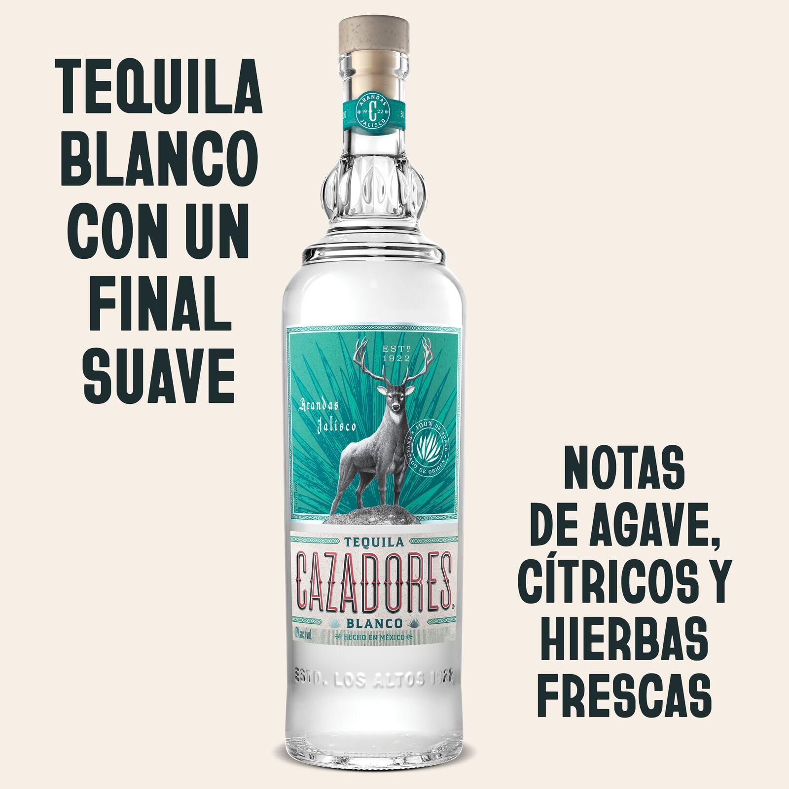 CAZADORES Tequila Blanco, 40% vol., 70 cl / 700 ml, Alcohol Doblemente Destilado Elaborado con 100% Agave Azul Weber