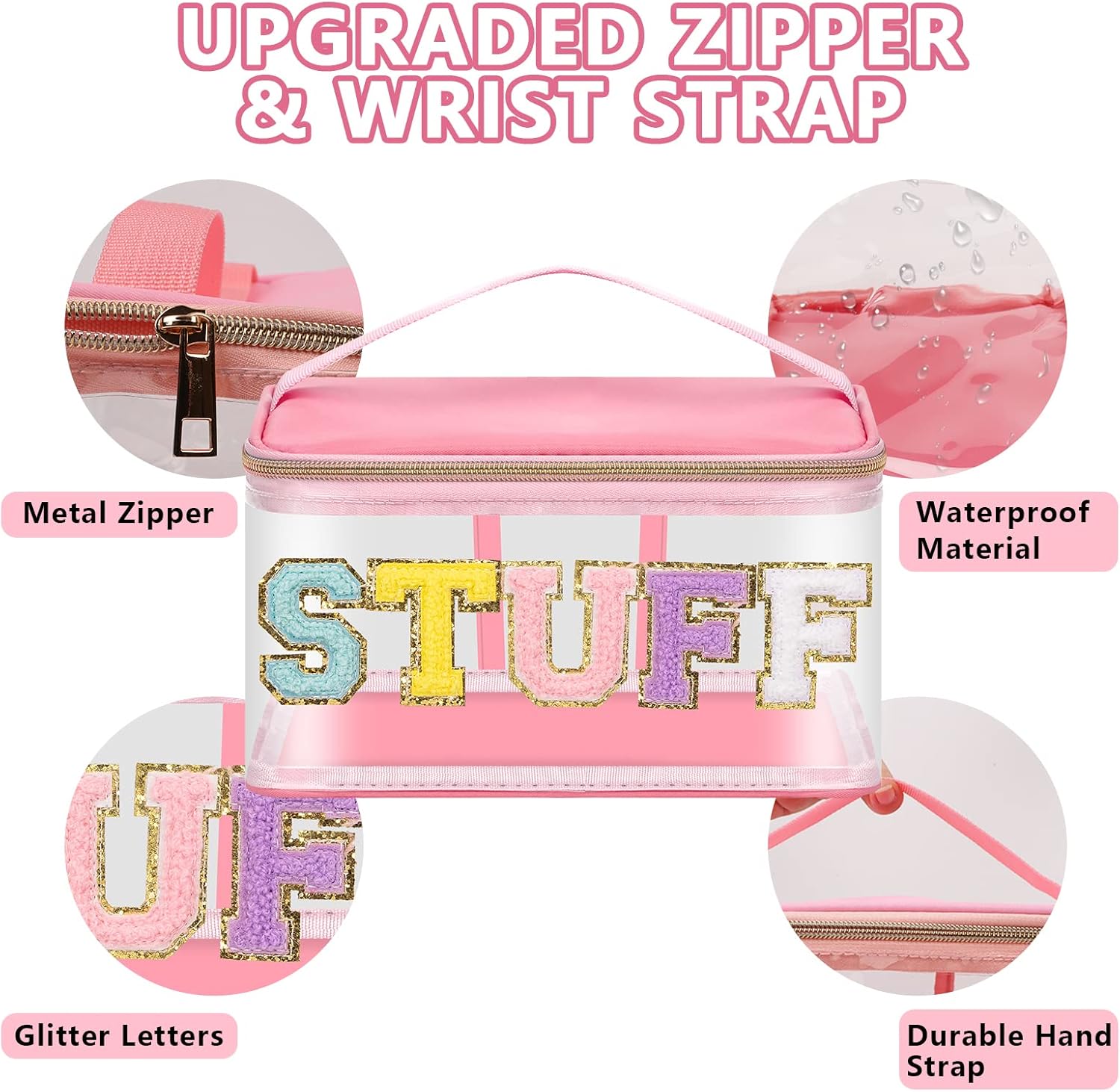 Iqimott Preppy Clear Makeup Bag Stuff Pouch, Chenille Letter Cosmetic Bag for Women Girls, Nylon PVC Toiletry Storage Handbag, Travel Transparent Waterproof Zipper Pouch with Handle(Stuff, Pink) - Image 3
