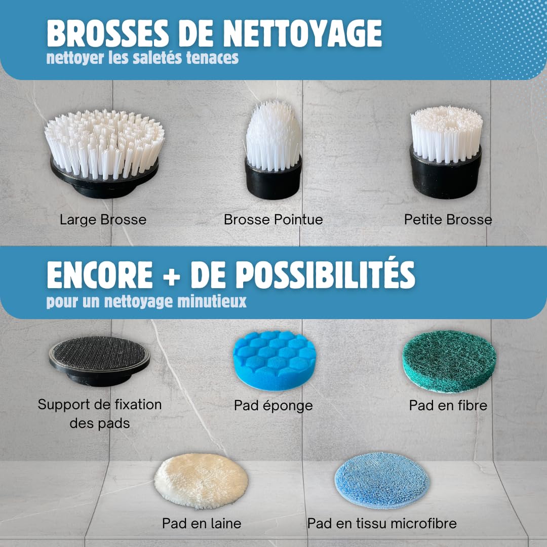 Brosse de Nettoyage Électrique [Go-Brico] Puissante Rotative Maison Salle de bain Cuisine Carrelage Sol Voiture Jantes Tapis Moto Bateau - Têtes Interchangeables Vitesse Réglable Batterie Rechargeable