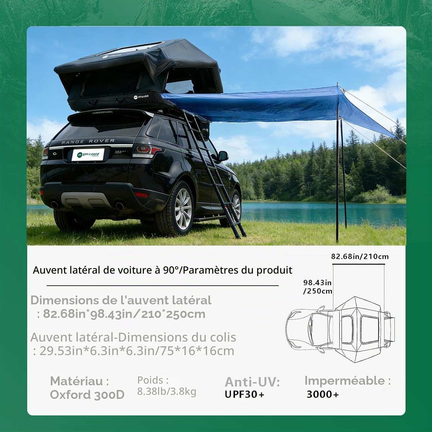 TentHome Tente de Toit pour Voiture 2-3 Places Imperméable, Tente de Camping Faciles à Installer, Tente Gonflable en Coton et Polyester pour SUV Van Fourgon Camion (avec Auvent)