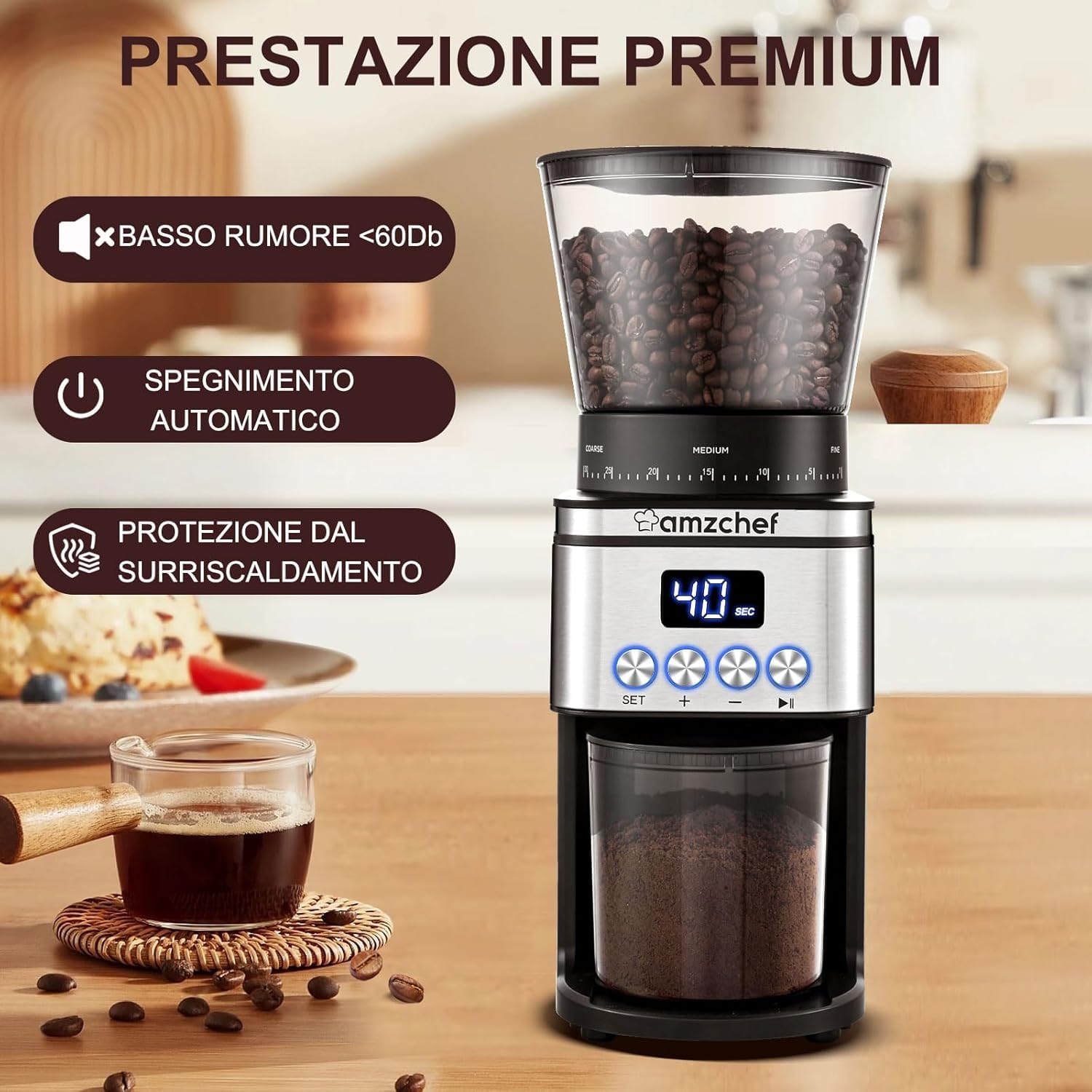 AMZCHEF Macinacaffè elettrico regolabile con 30 livelli di macinacaffè elettrico per macchina da caffè professionale, con display LCD e timer digitale