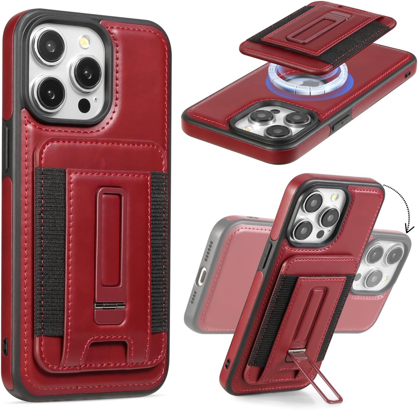 Detachable Card Holder for iPhone 16 Case Leather with Stand, fits for MagSafe, Adjustable Kickstand Wallet,Strong Magnetic Leather Case with Screen Protector (Burgundy, IP16-6.1inch) IP16-6.1inch Burgundy