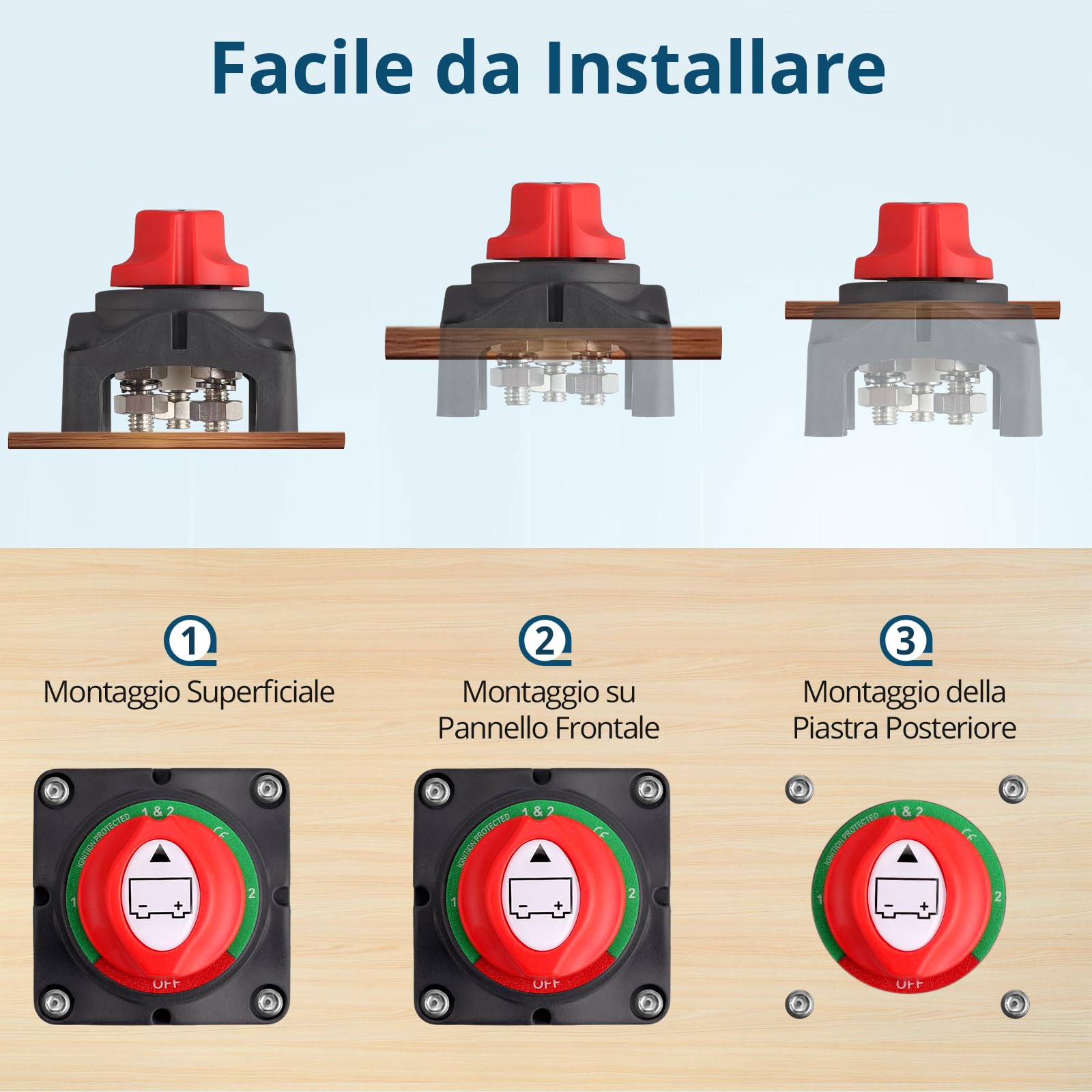 1+2 Staccabatteria Interruttore Doppia Batterie di Scollegamento 200A per Auto, Camper, Barca, Battery Switch Isolator On/Off 12V-48V, Impermeabilità IP45