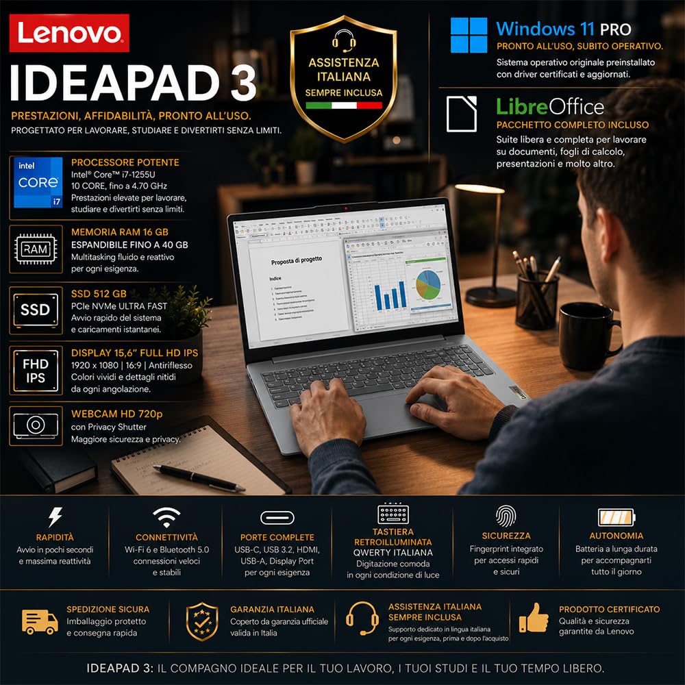 Lenovo Notebook PC Portatile i7 1255U 10Core 16GB RAM 15,6" Full HD | Antiriflesso, SSD PCI 512GB, Wi-Fi6, Tastiera Retroilluminata, Fingerprint, Pronto all'uso