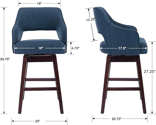 Miniatura 3 de Kmax Taburete de bar de tela con altura de mostrador, taburete giratorio de bar con patas de madera, reposapiés trasero abierto para isla de cocina,