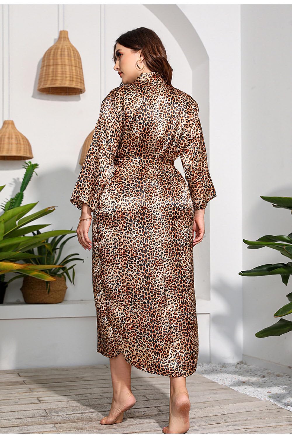 Kimono Grande Taille pour Femme,Robe de Chambre Imprimée Léopard en Satin Soyeux Longue pour La Maison Chemise de Nuit Sexy Peignoir D'été Cool Chemise de Nuit de Fête