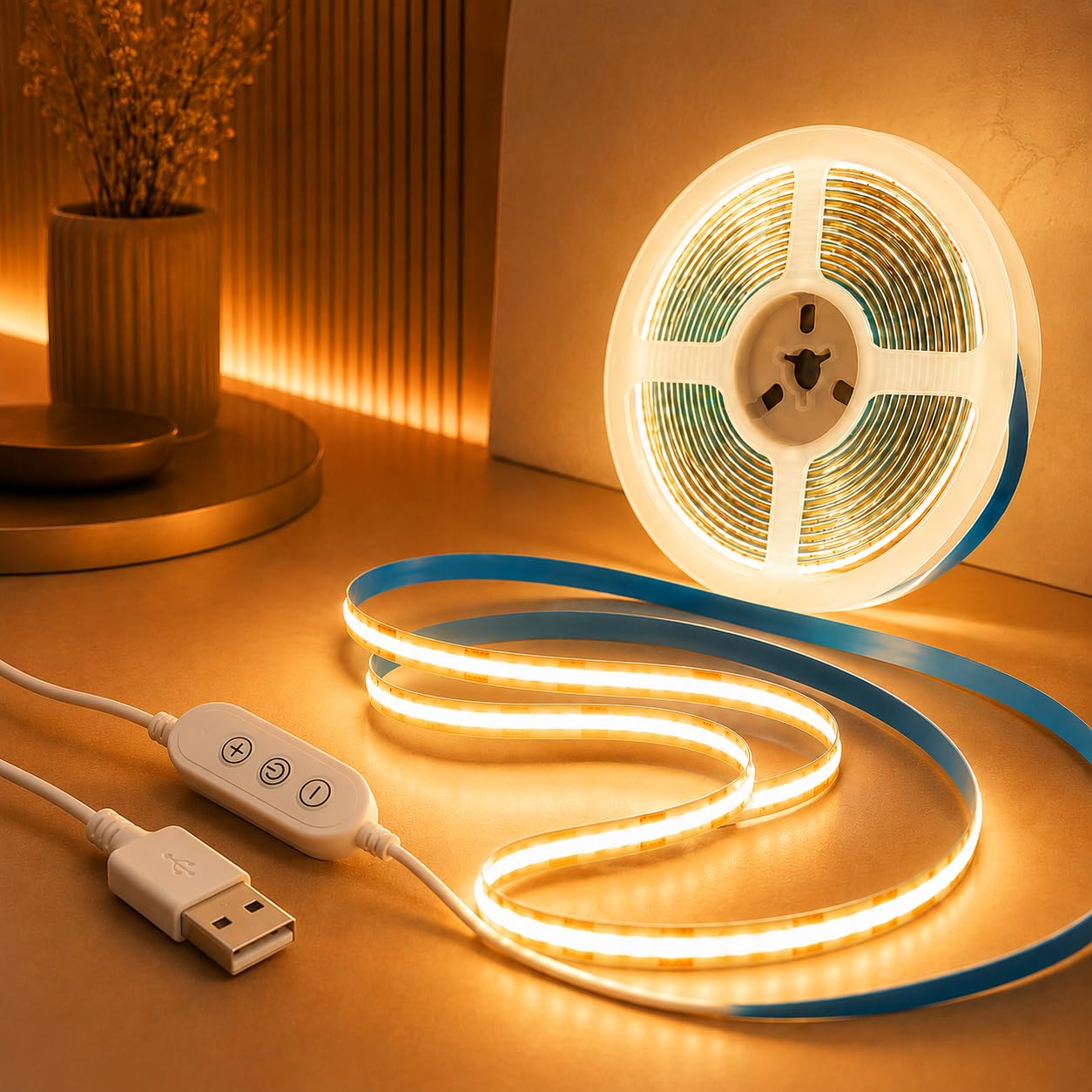 Taśma LED COB USB 3 m, 5V Barwa Ciepła Biel 2700K z Samoprzylepną Warstwą, 320 Diod LED/m z Możliwością ściemniania, do Oświetlenia Otoczenia Telewizora, Lustra, Szafki Podblatowej, Półki