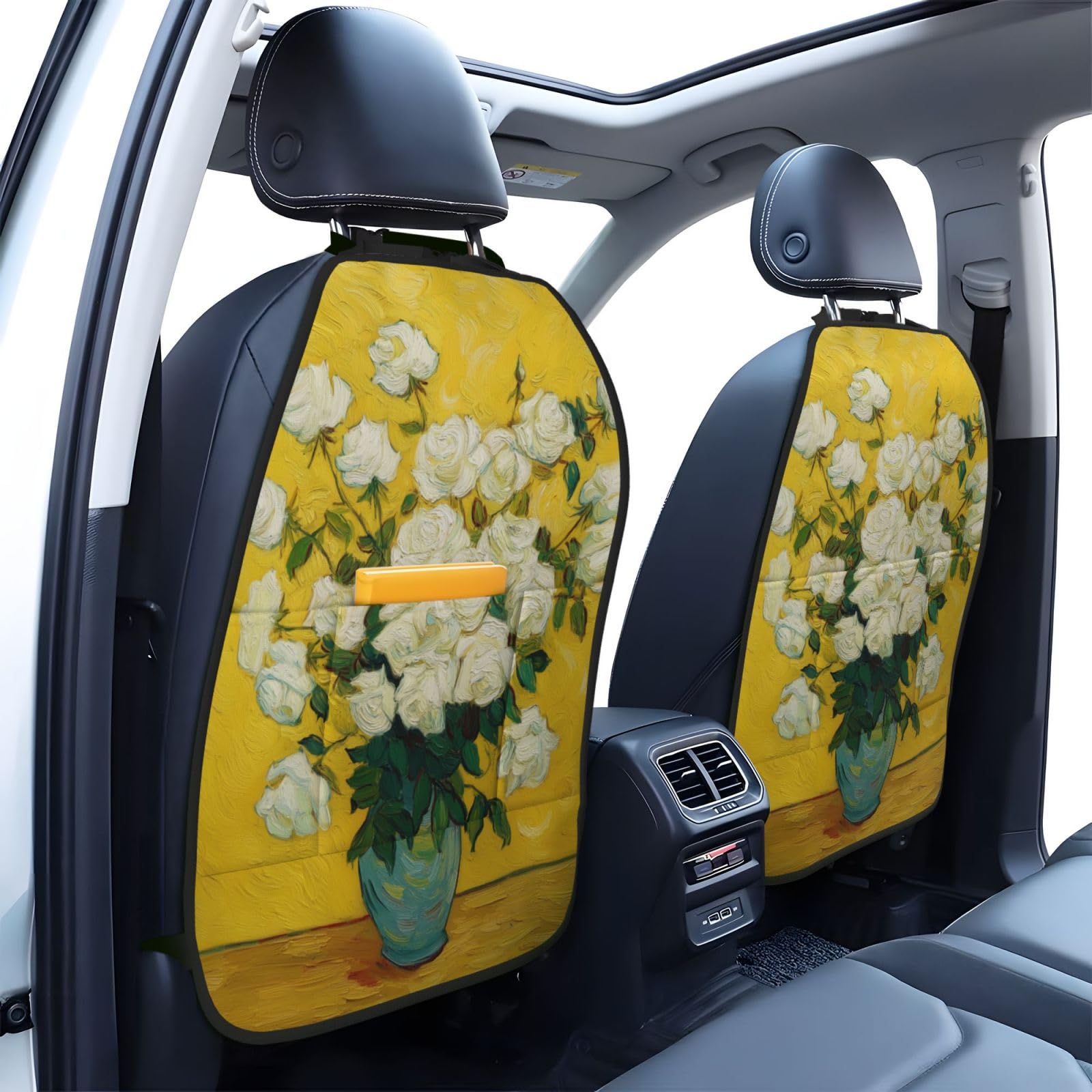 White Roses In Blue Vase Car Seat Back Kick Protectors,2 Pack Kick Mats With Storage Pockets For Vehicles To Protect From Dirt Mud Scratches