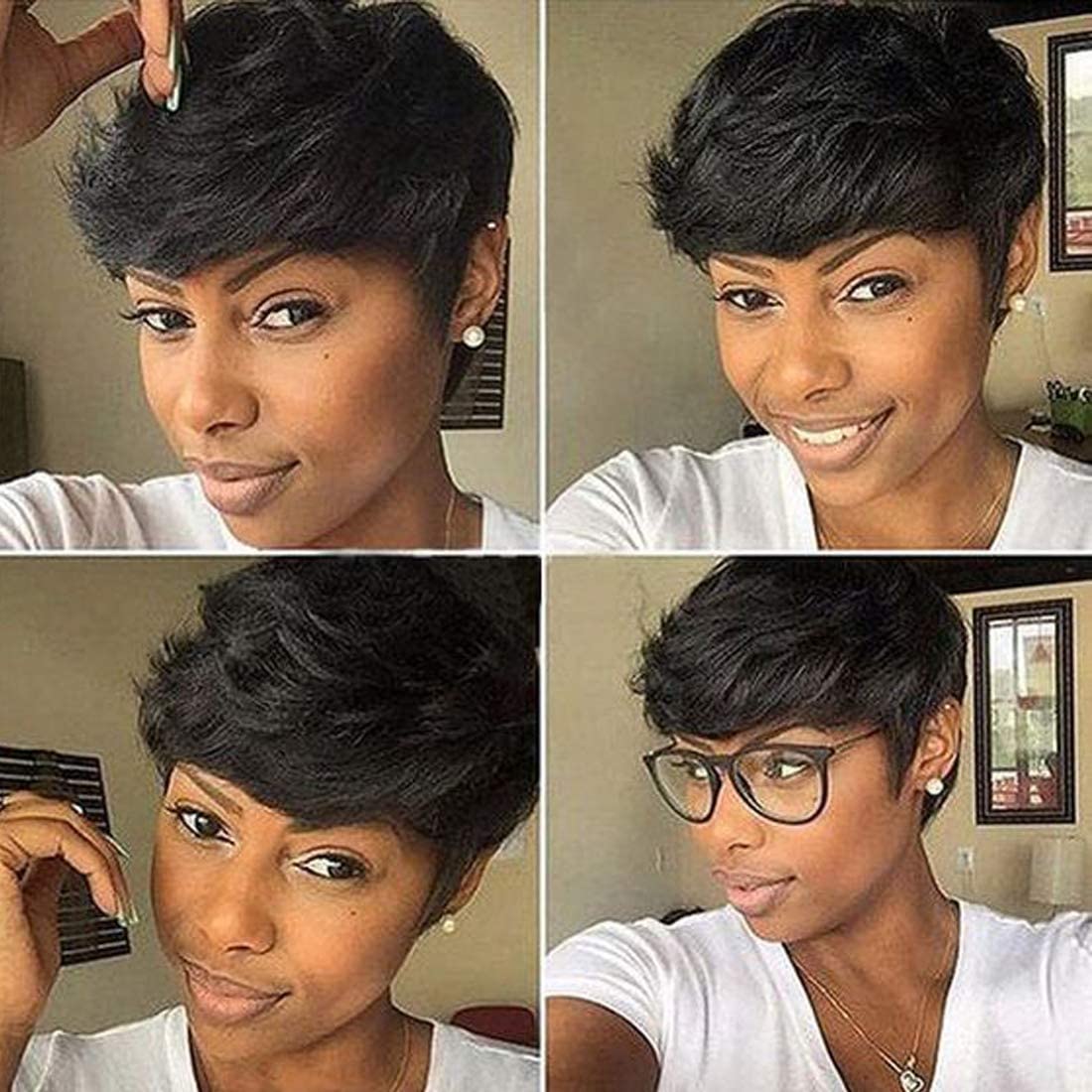 Perruque Courte short Pixie Human Hair Wig with Bangs Perruque De Cheveux Humains lisse Brésilienne Cheveux avec Frange Naturelle Perruques pour Femmes (Noir)
