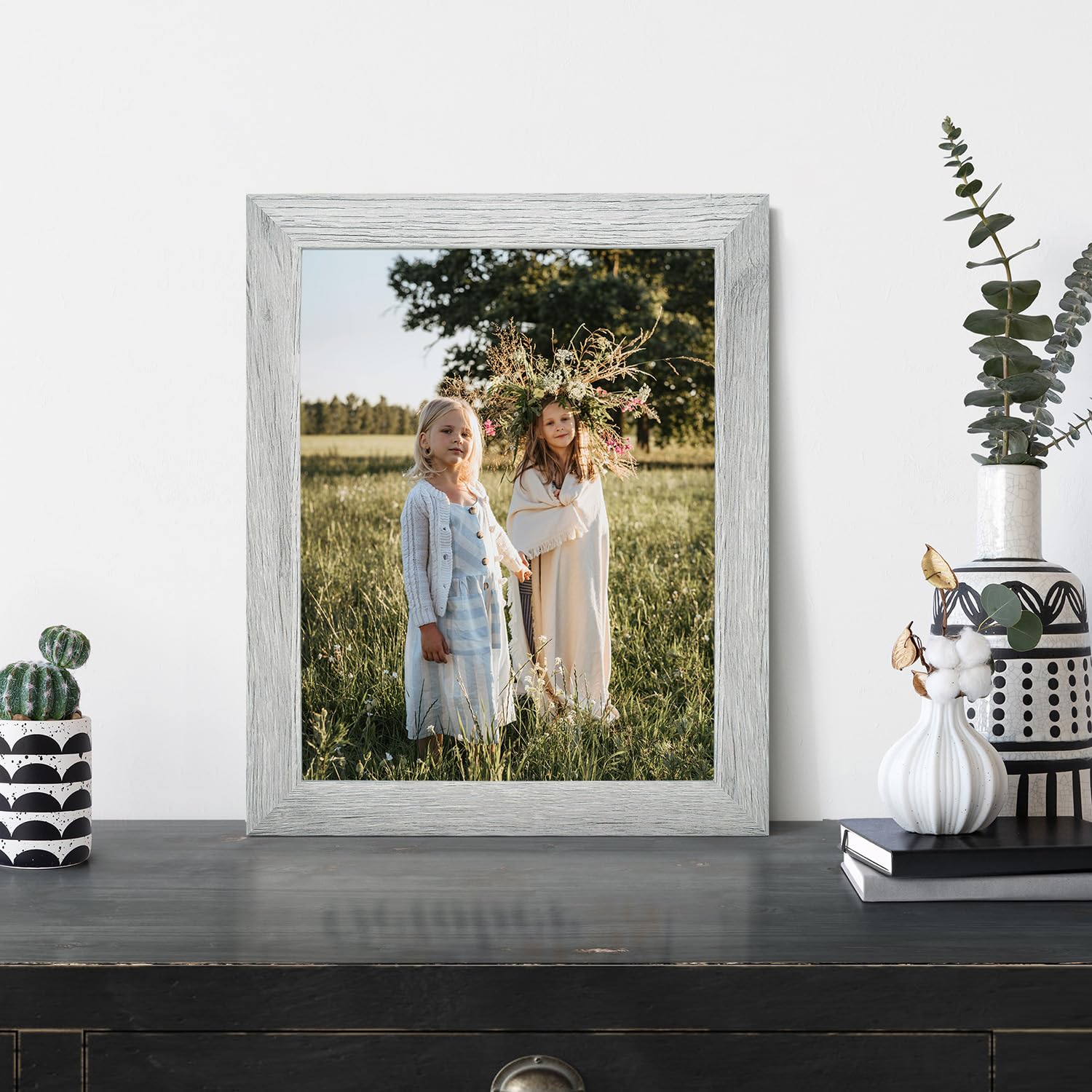 Golden State Art, Zestaw 2, ramka na zdjęcia 11 x 14 - szerokie formowanie - styl słoi drewna - wieszaki z tyłu do ekspozycji na ścianę - idealne na zdjęcia dziecka, wesela, portrety (szary)