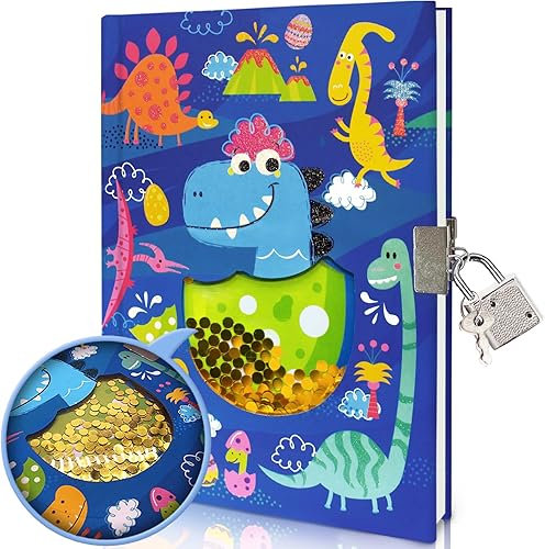 GINMLYDA Diario para niños con candado para niños, diarios de dinosaurio de 7.1 x 5.3 pulgadas, 160 páginas, cuaderno secreto con cerradura y llave