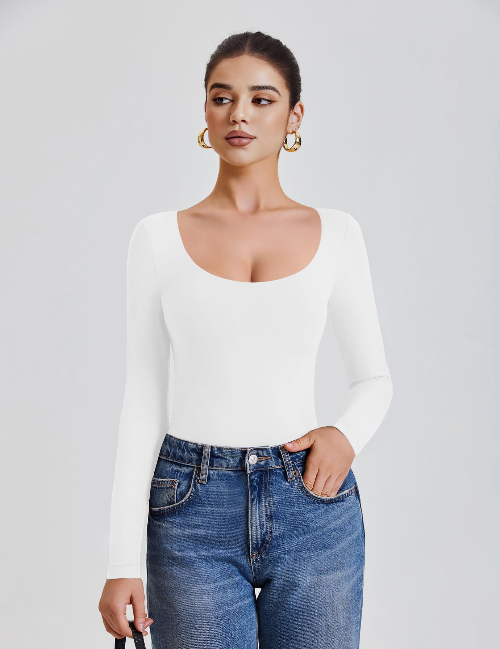 Avidlove Body de manga larga para mujer, cuello redondo, doble forro