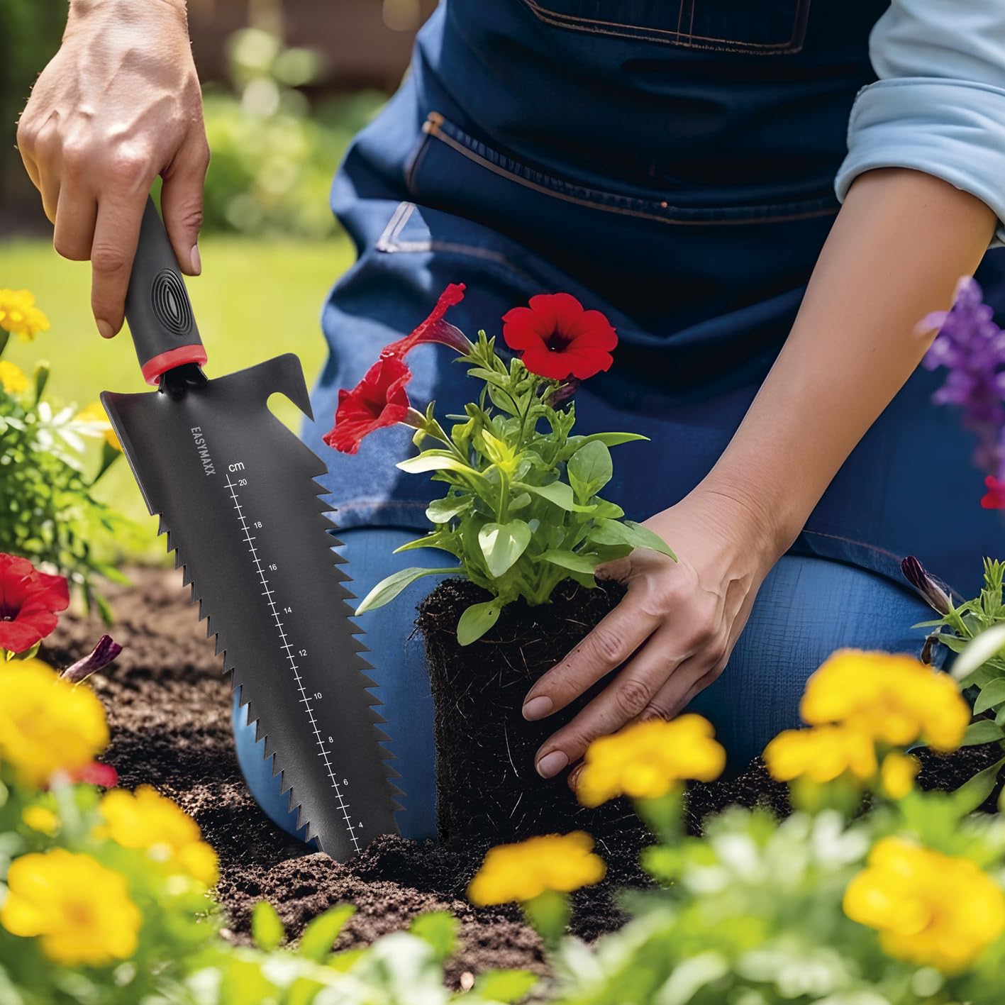 EASYmaxx Łopata do korzeni 4 w 1 i widelec 2 w 1 z piłą do korzeni w zestawie | wielofunkcyjne łopatki do kopania, piłowania, cięcia, spulchniania i przesadzania | Root Digger i łopata korzeni z
