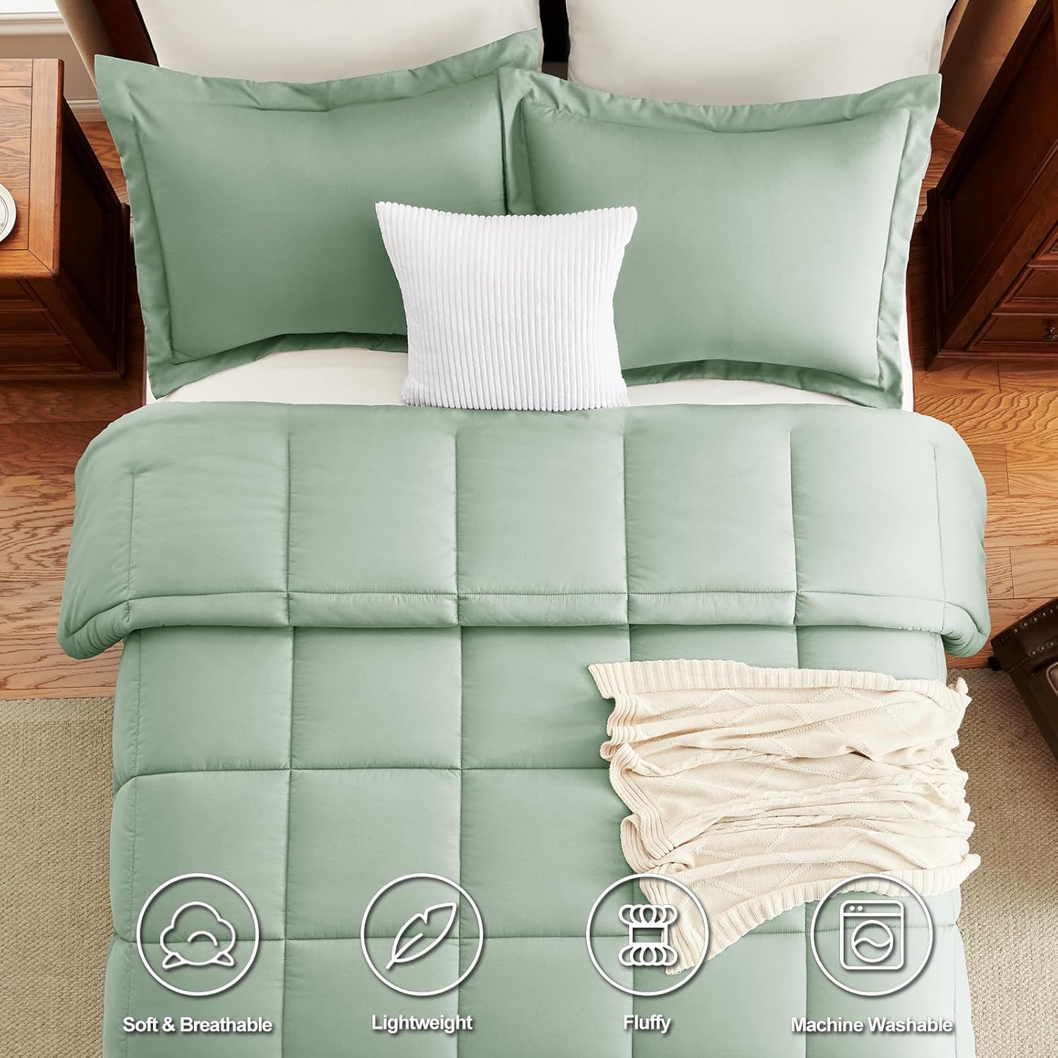 CozyLux Queen Comforter Set - Sage Green Comforter Queen Size, 3 Pieces Box Stitched Bed Set for All Seasons, Soft Lightweight Bedding Sets with 1 Down Alternative Comforter and 2 Pillow Shams - Image 4
