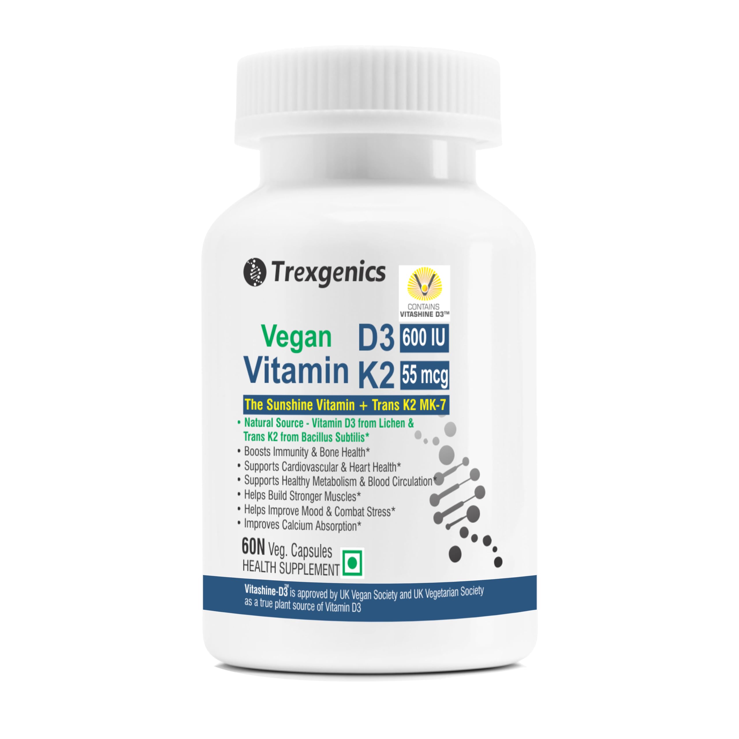 Trexgenics VITAMIN D3 + K2 SYNERGY, 600 IU from Vitashin D3 Lichen + TRANS K2 as MK7 55 mcg Bone, Cardiovascular, Immunity (60 Veg Capsules)-image-14