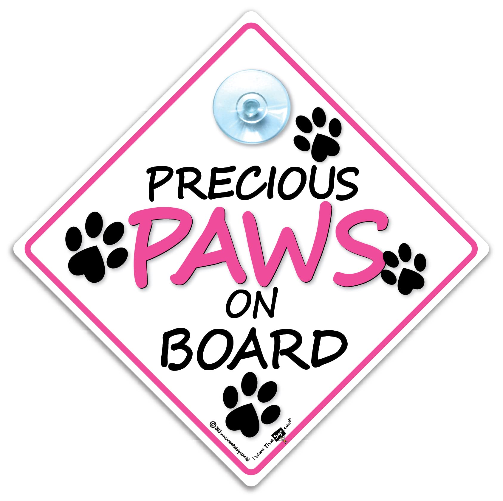 Iwantthatsign.com Pink Precious Paws On Board Sign, Dog Car Sign With Suction Cup, Fur Baby Sign To Notify Of Dog In Vehicle 14 Cm