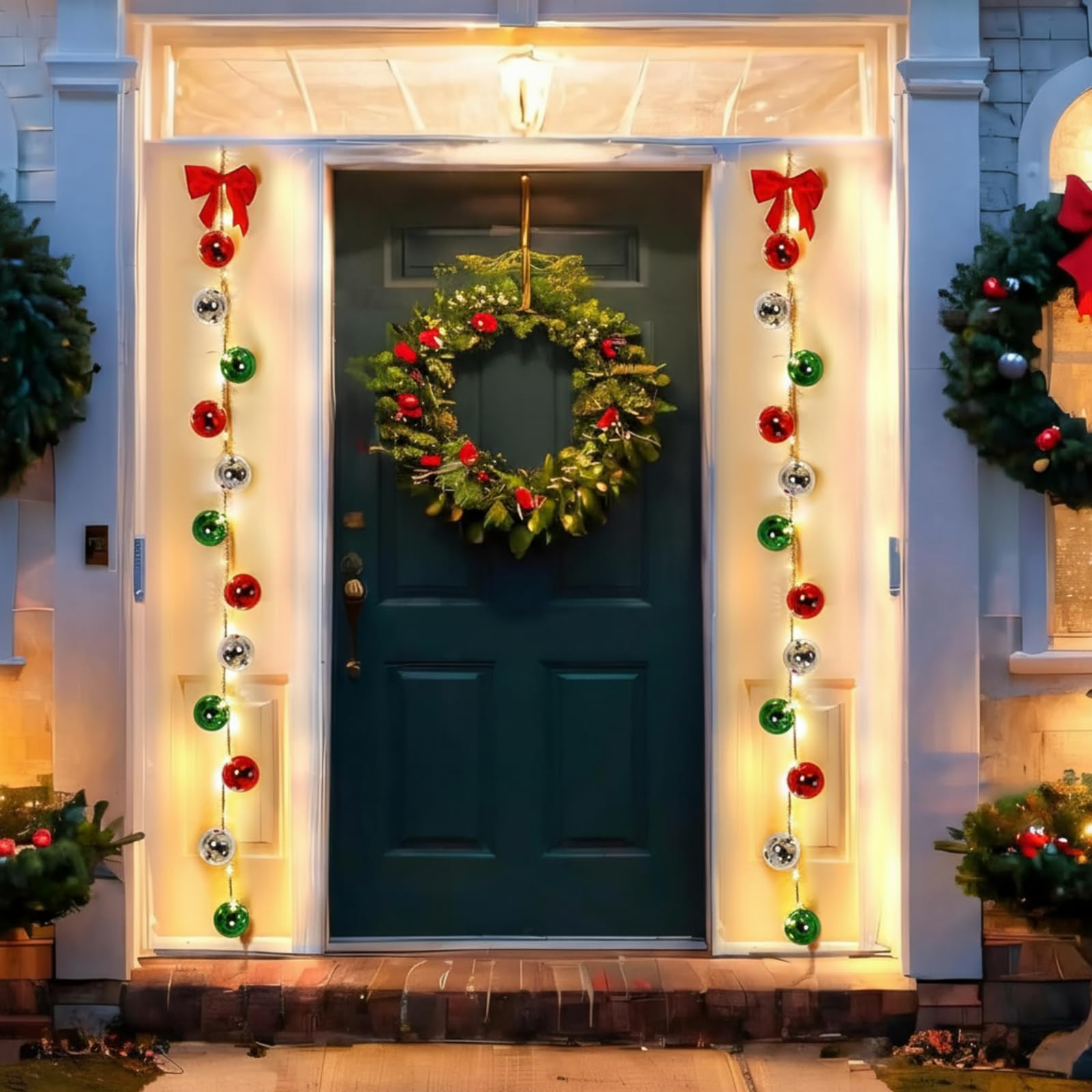 Pinkunn Weihnachtsdekoration, Weihnachtsdekoration, Kugelgirlanden mit roter Schleife, LED-Lichter, mehrfarbig, für Haustür, Weihnachtsbaum, Kranz, Fenster, Wand, Garten, Innen- und Außenbereich, 2