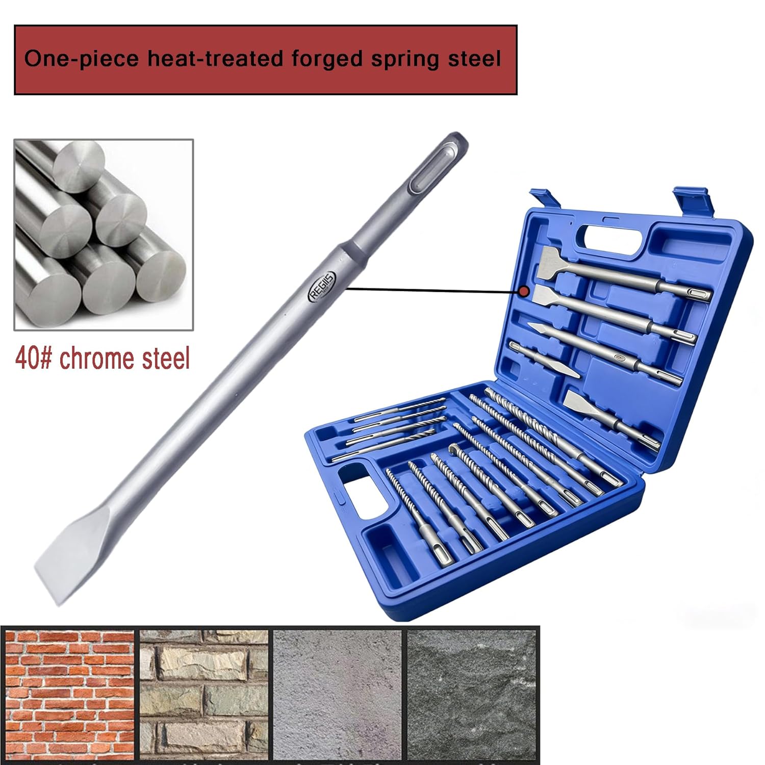 17-Piece SDS Plus Rotary Hammer Drill Bit and Floor Scraper Chisel Set Kit, Slotted-Type Double Thread Carbide Concrete Drill Bit for Stone, Brick, Masonry, Cement Walls with Storage Case